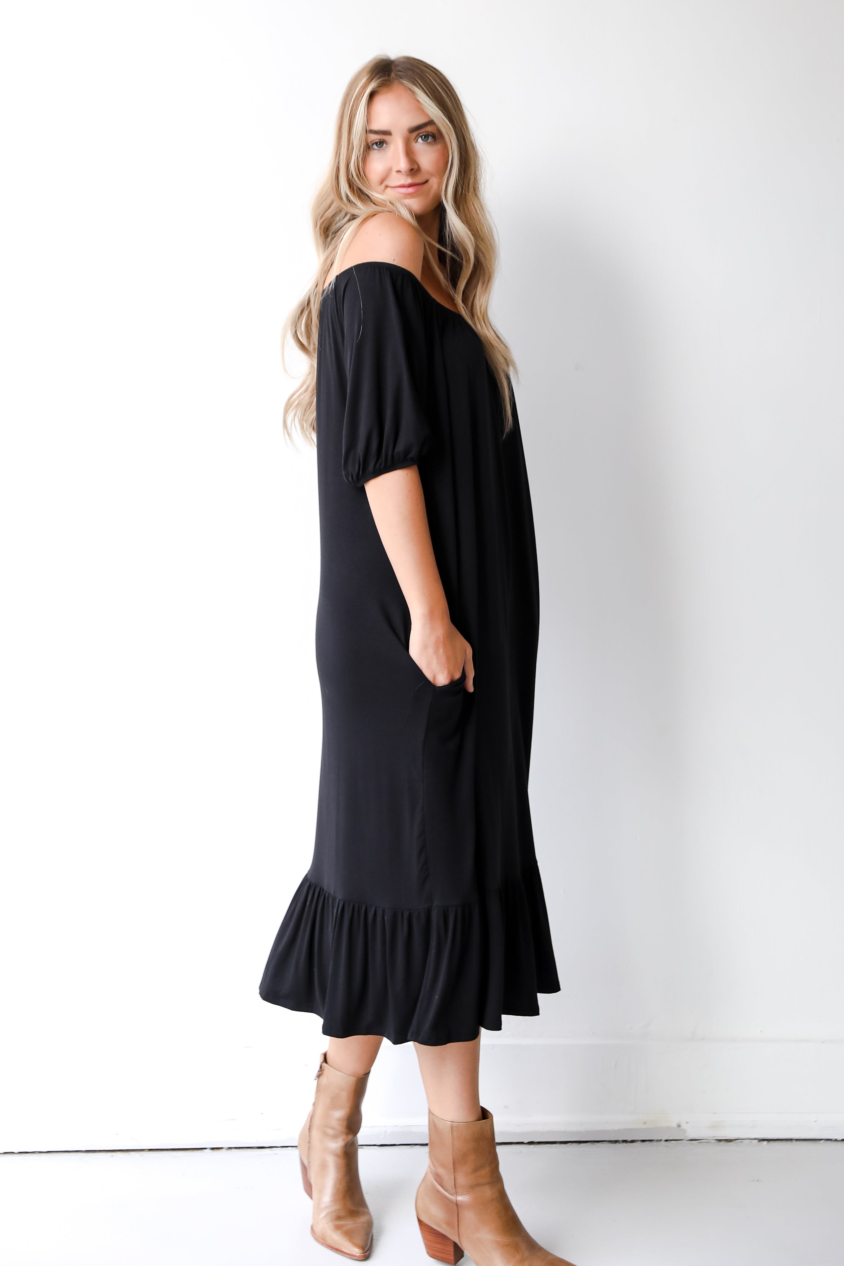 casual black midi dress