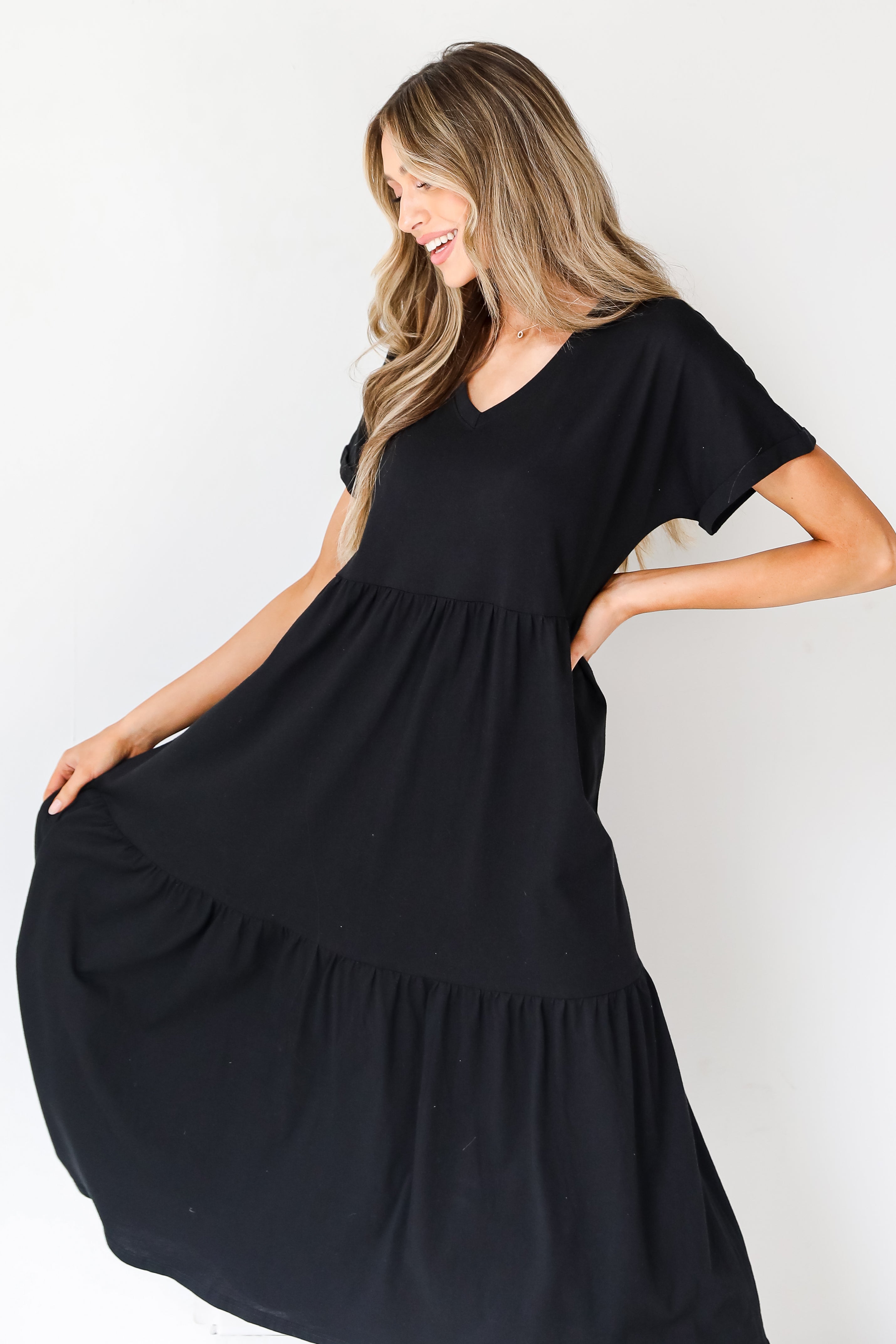 black Tiered Midi Dress close up