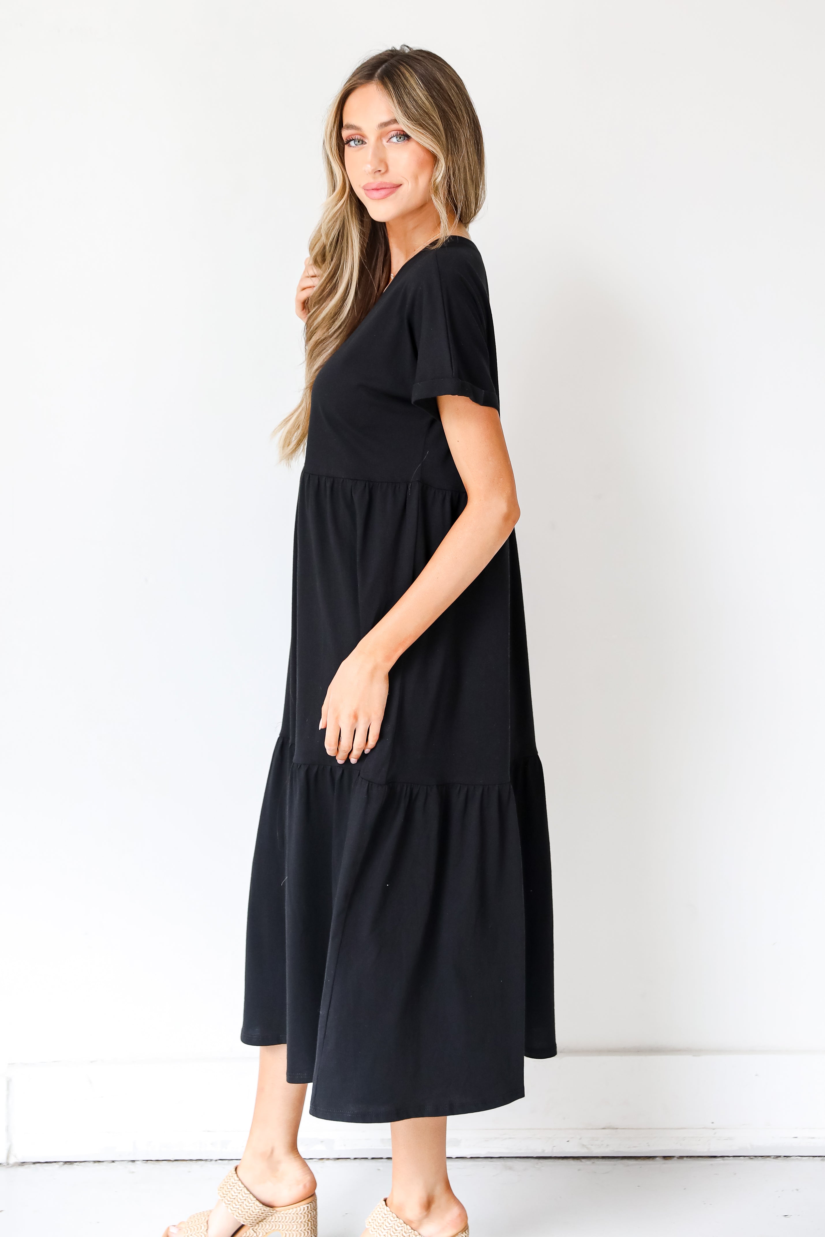 black Tiered Midi Dress side view