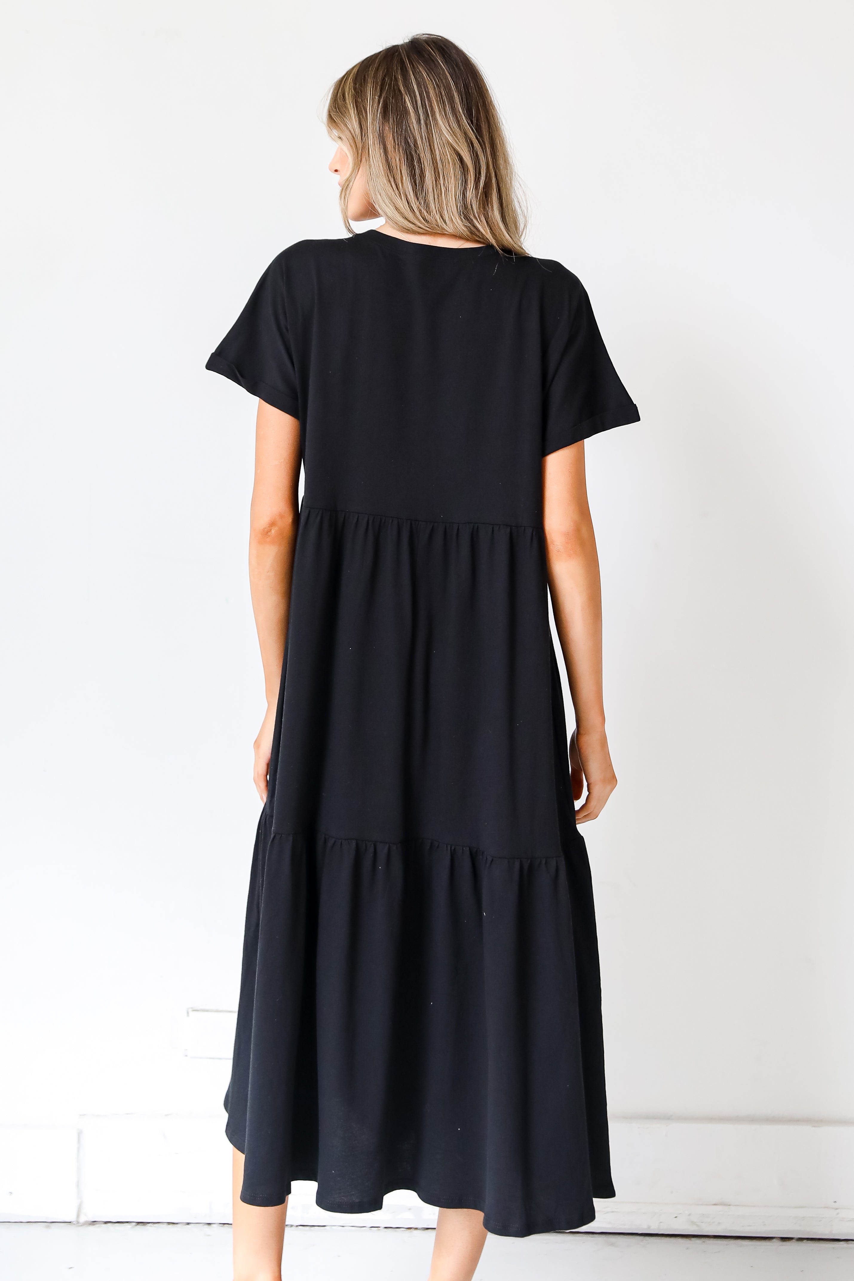 black Tiered Midi Dress back view
