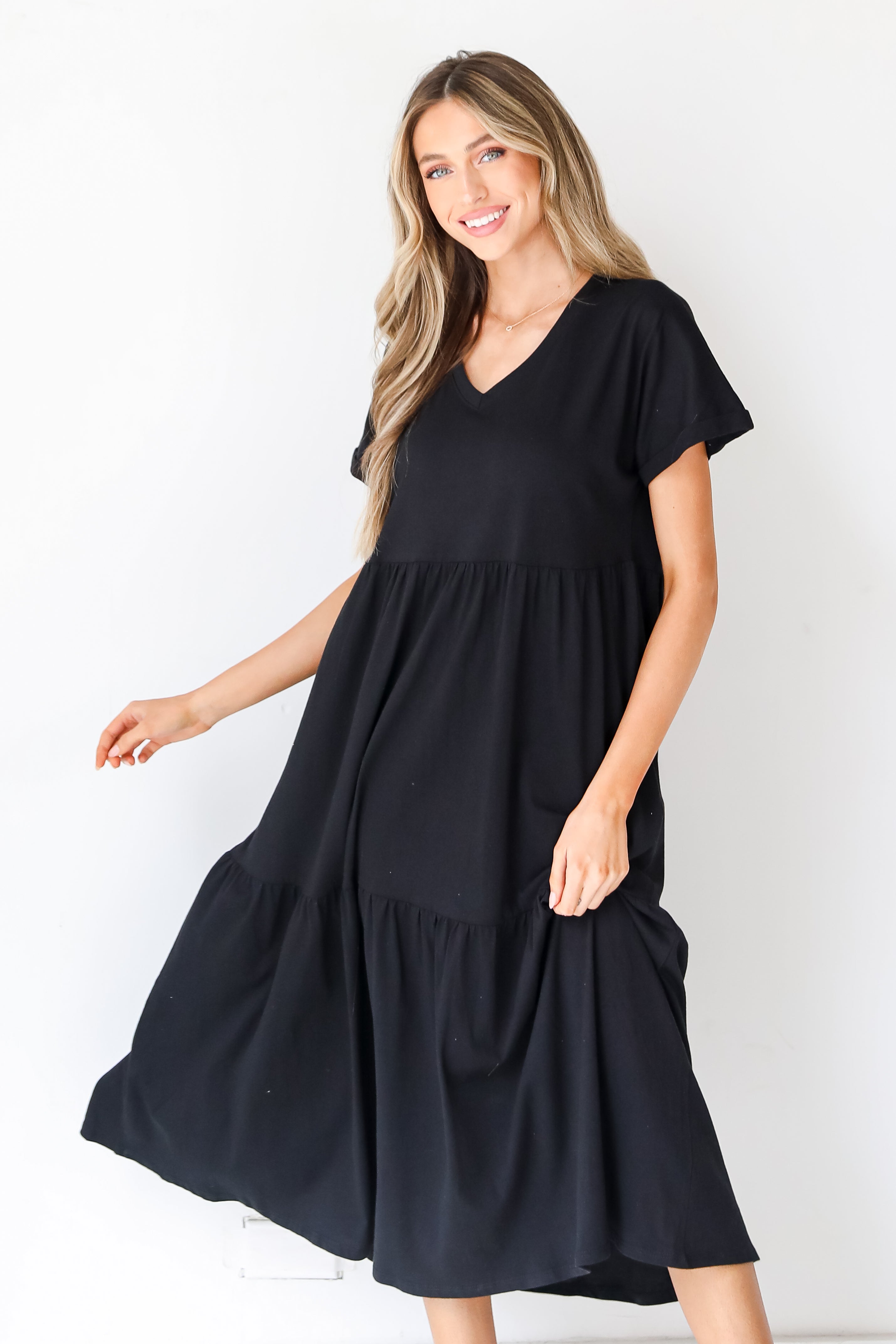 black Tiered Midi Dress