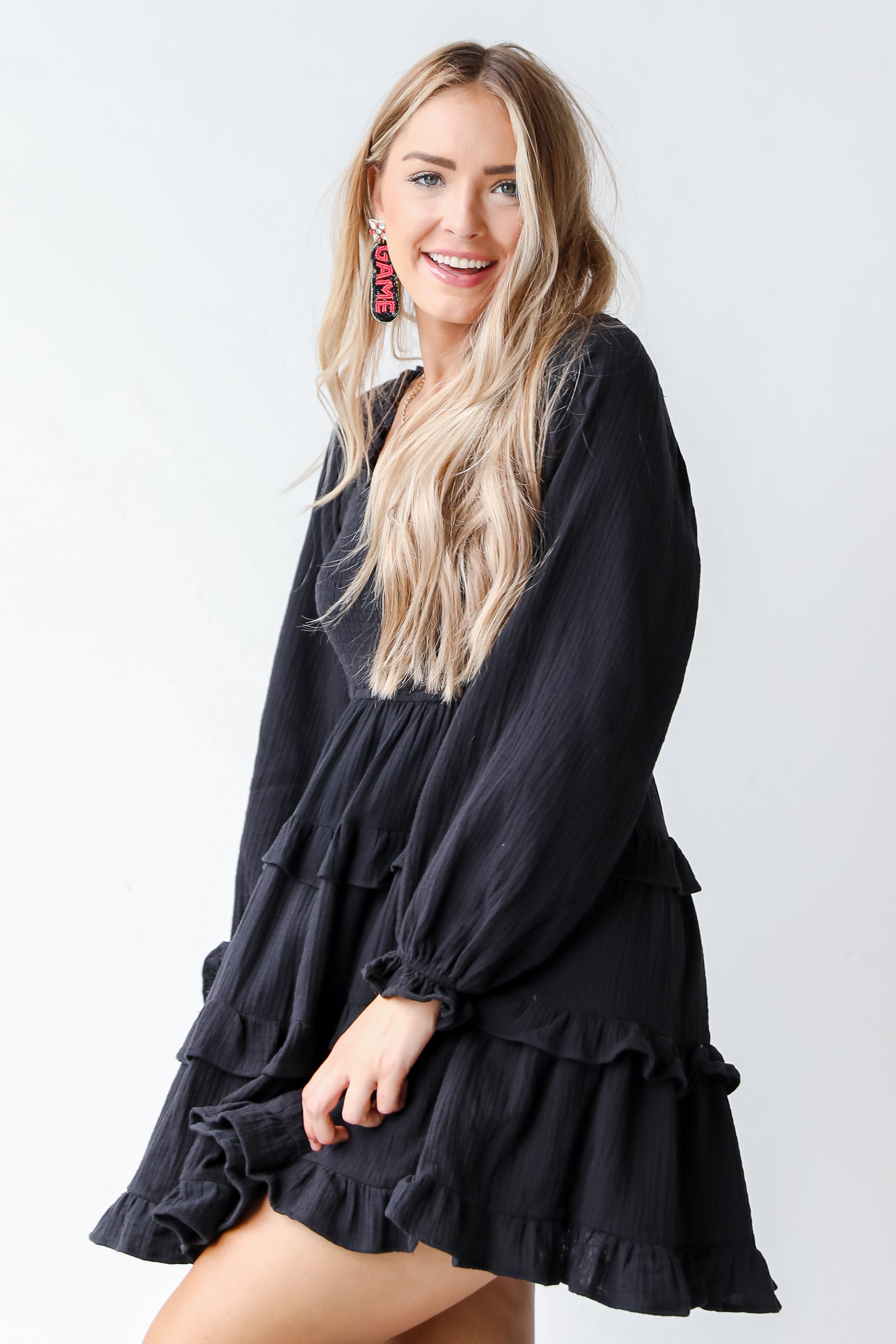 black tiered dress side view