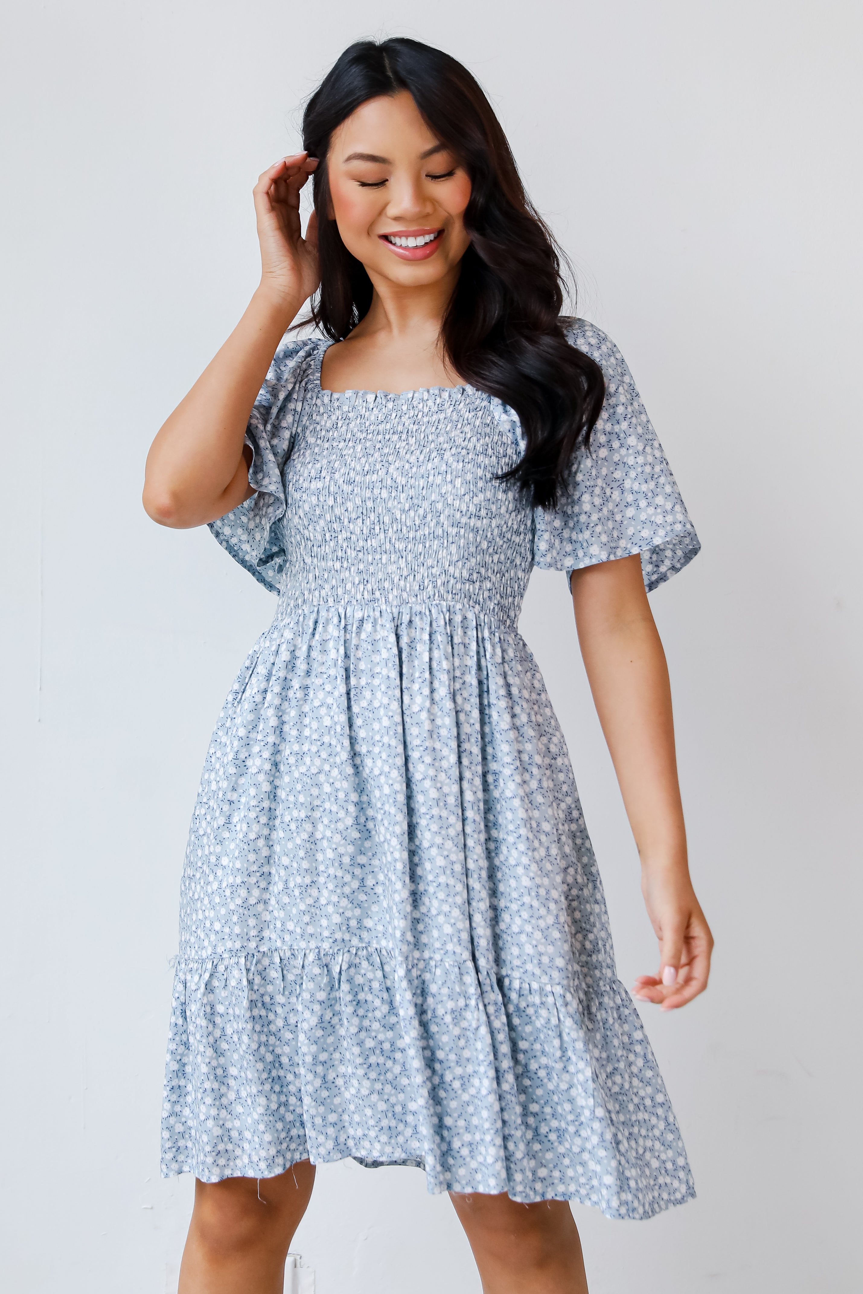 blue Floral Mini Dress on model