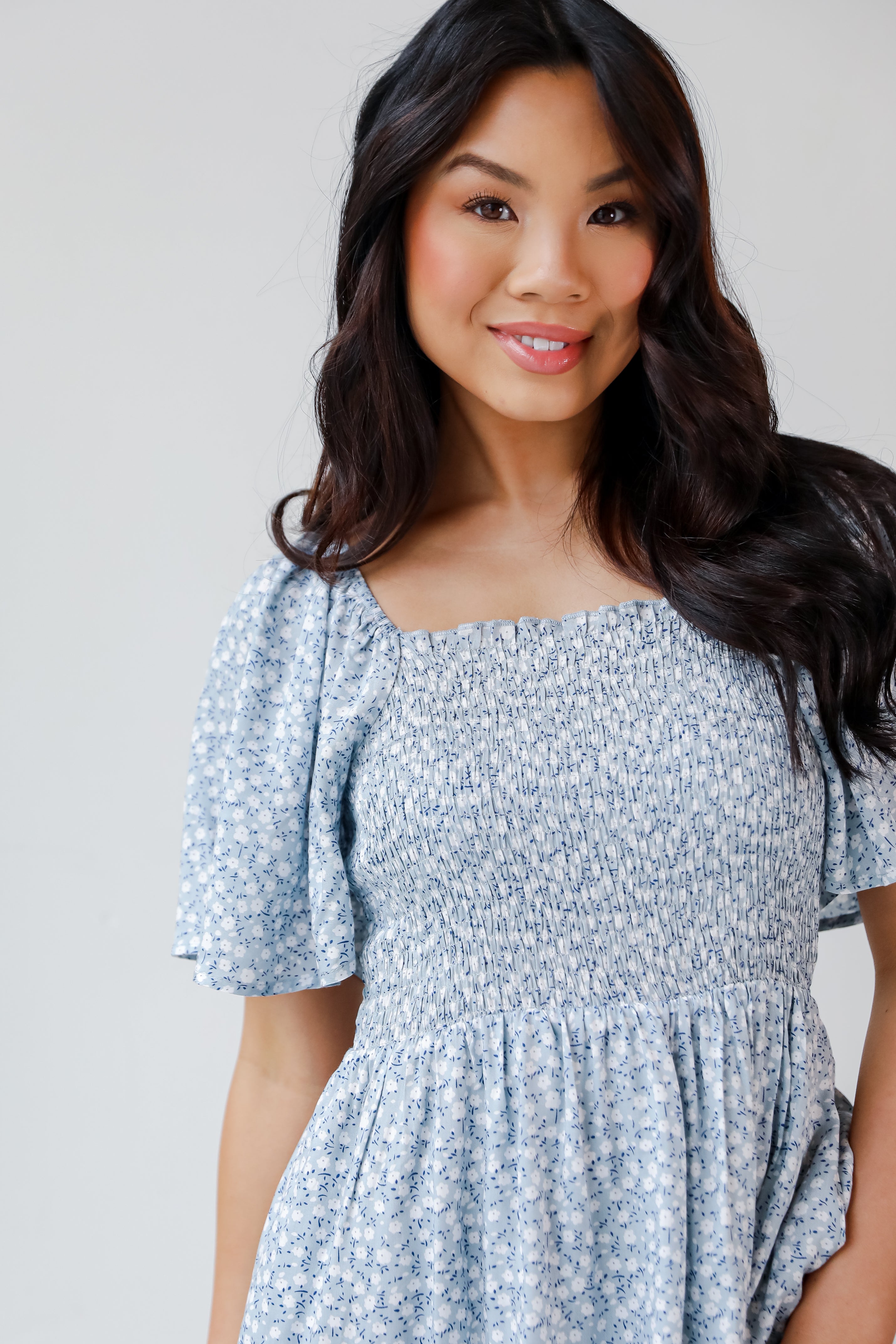 blue Floral Mini Dress close up