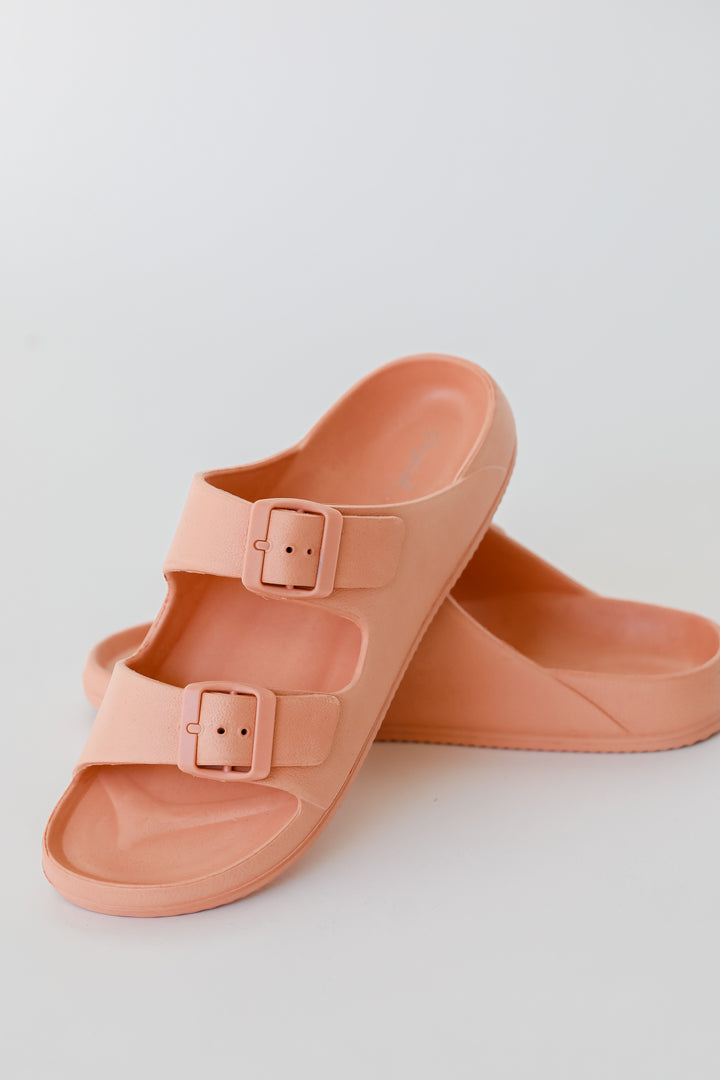Double Strap Sandals in coral flat lay