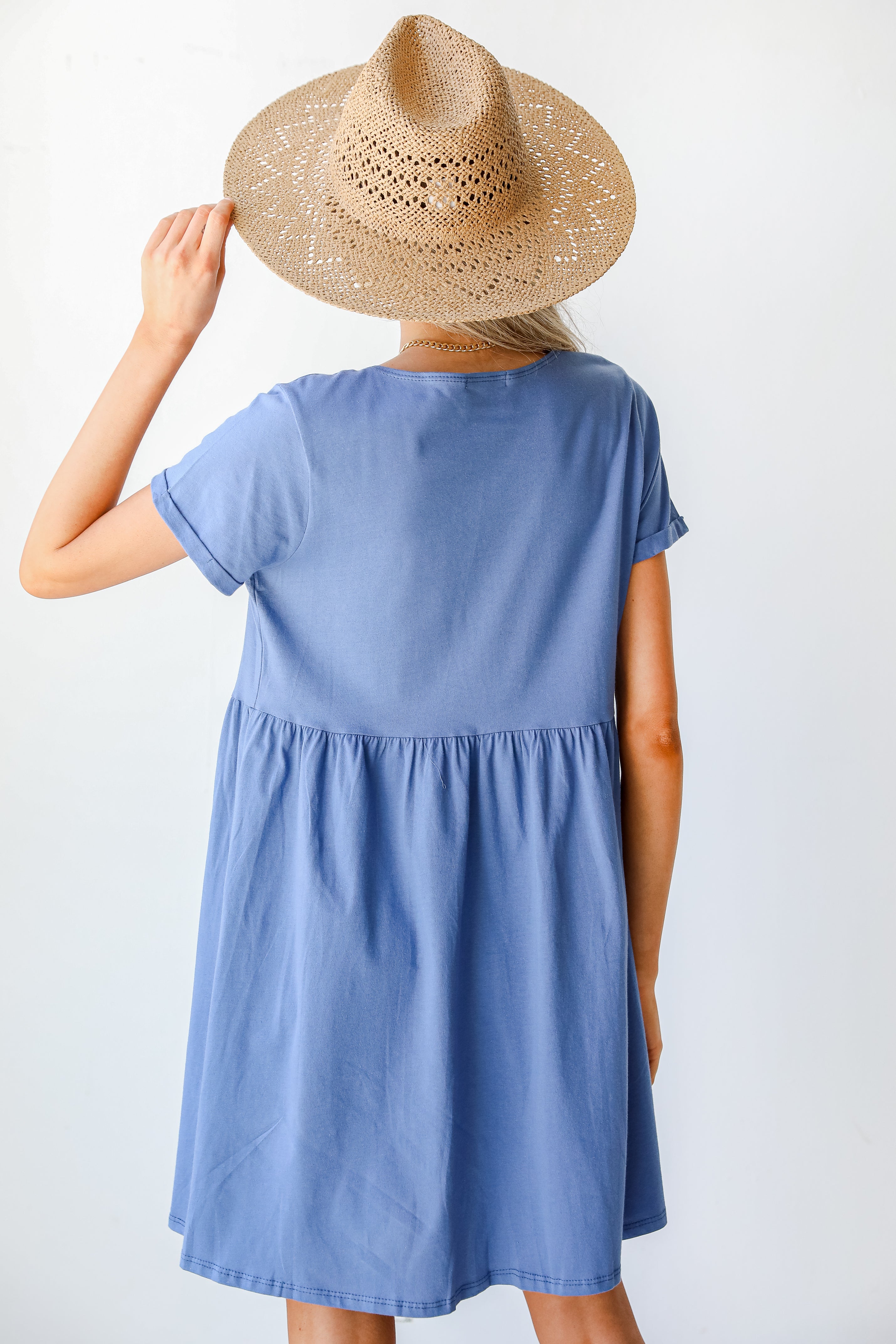 Button Front Babydoll Dress in blue back view