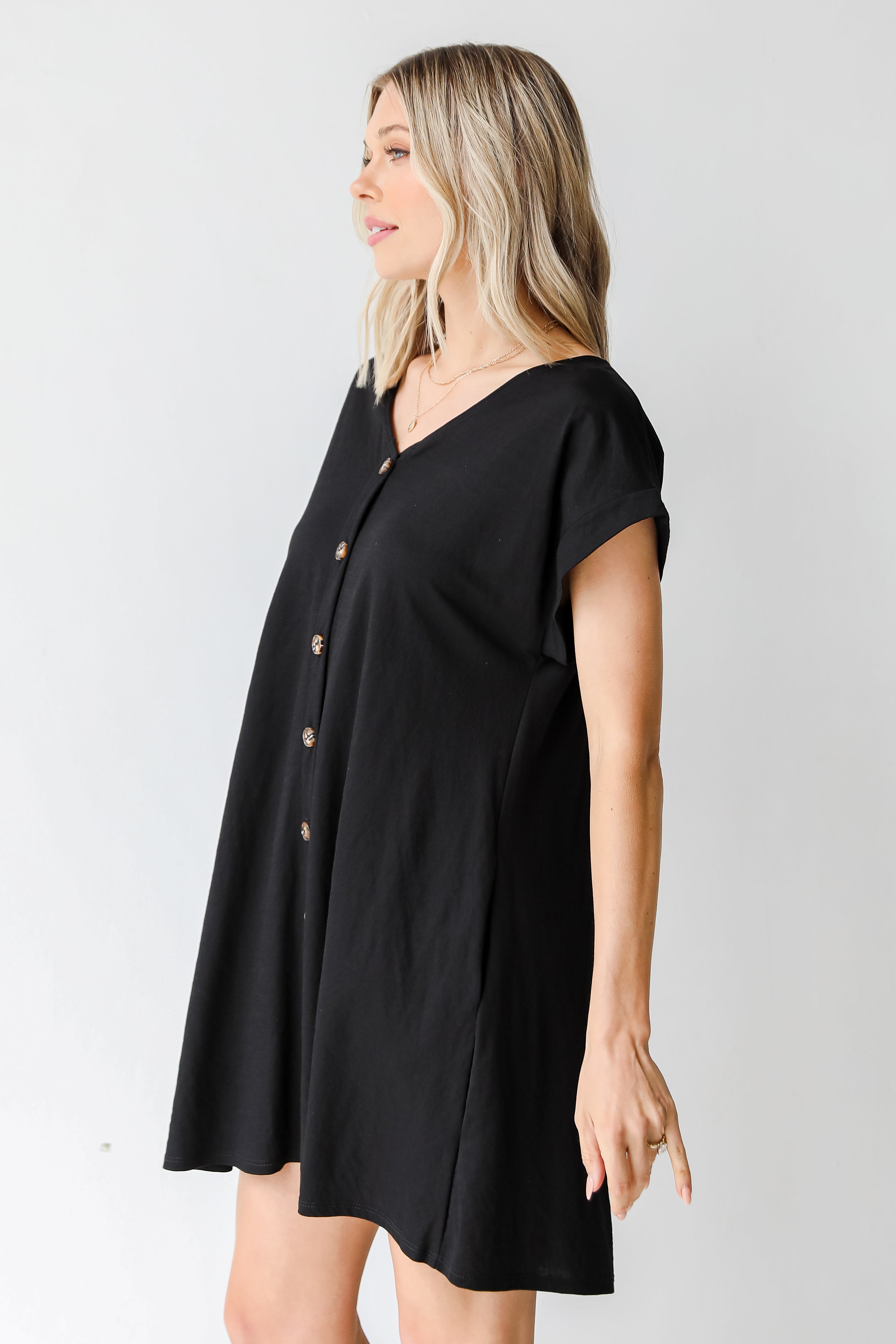 Button Front Mini Dress in sage side view