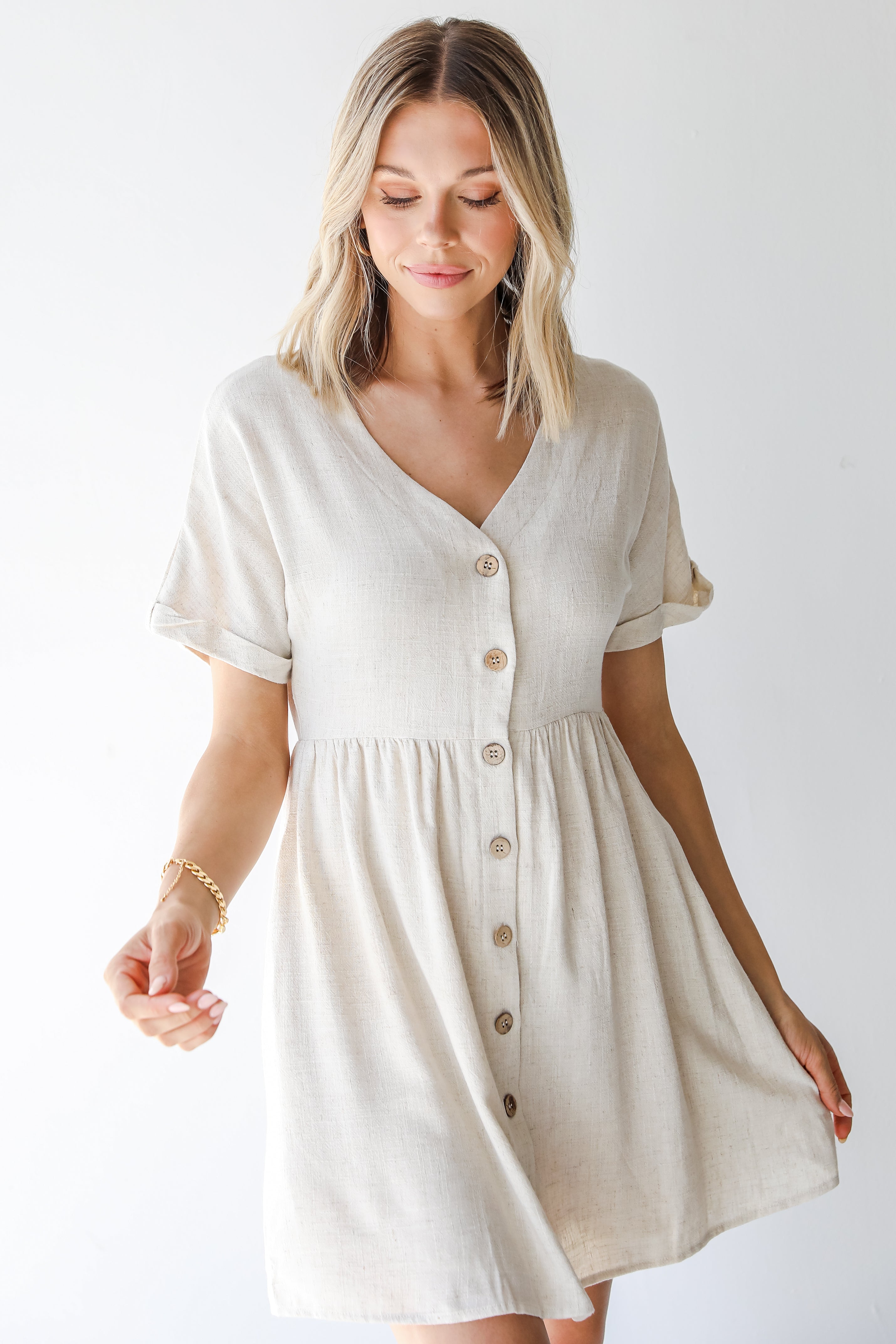 Linen Babydoll Dress in oatmeal on model