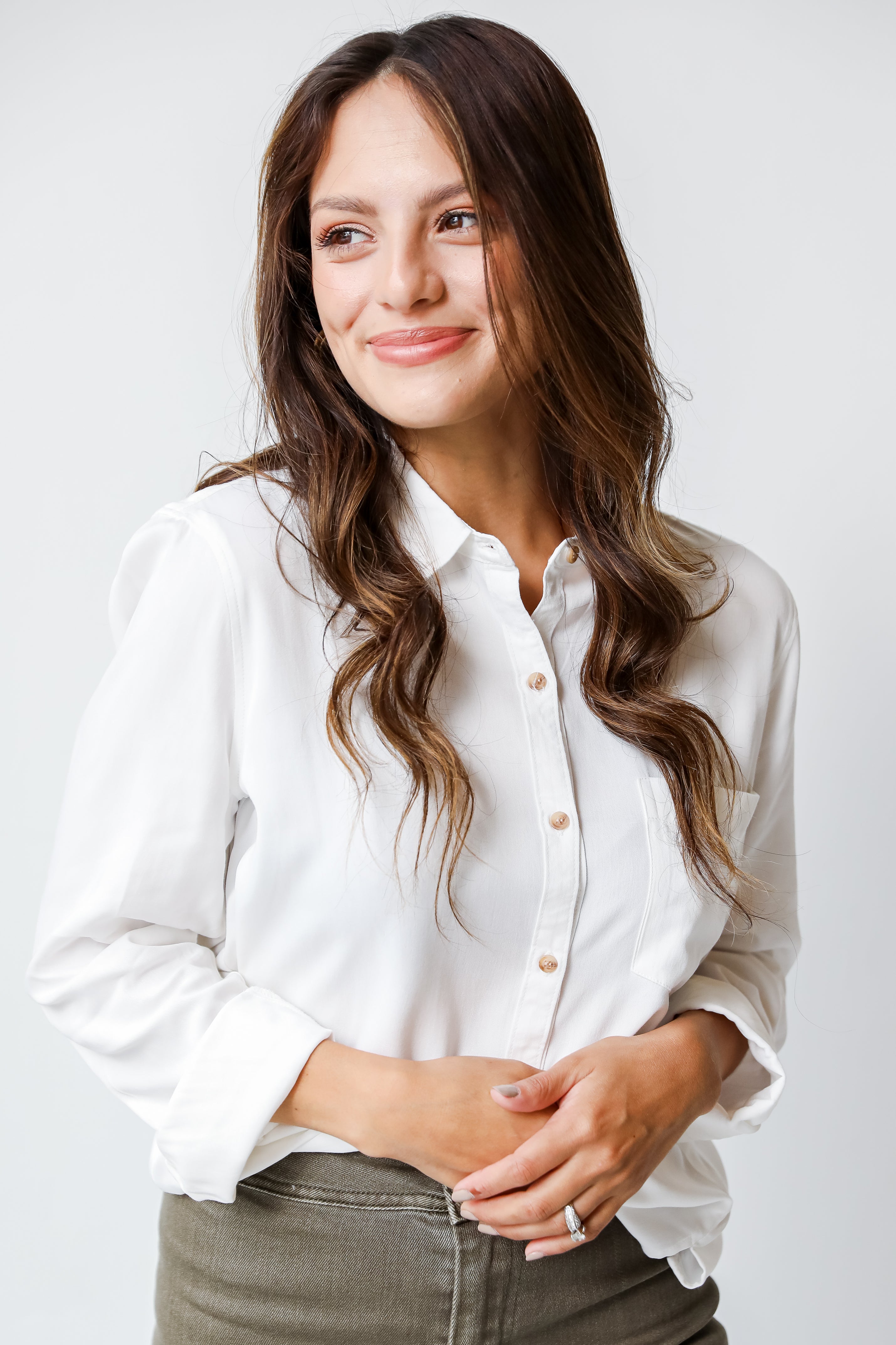 white Button-Up Blouse on model