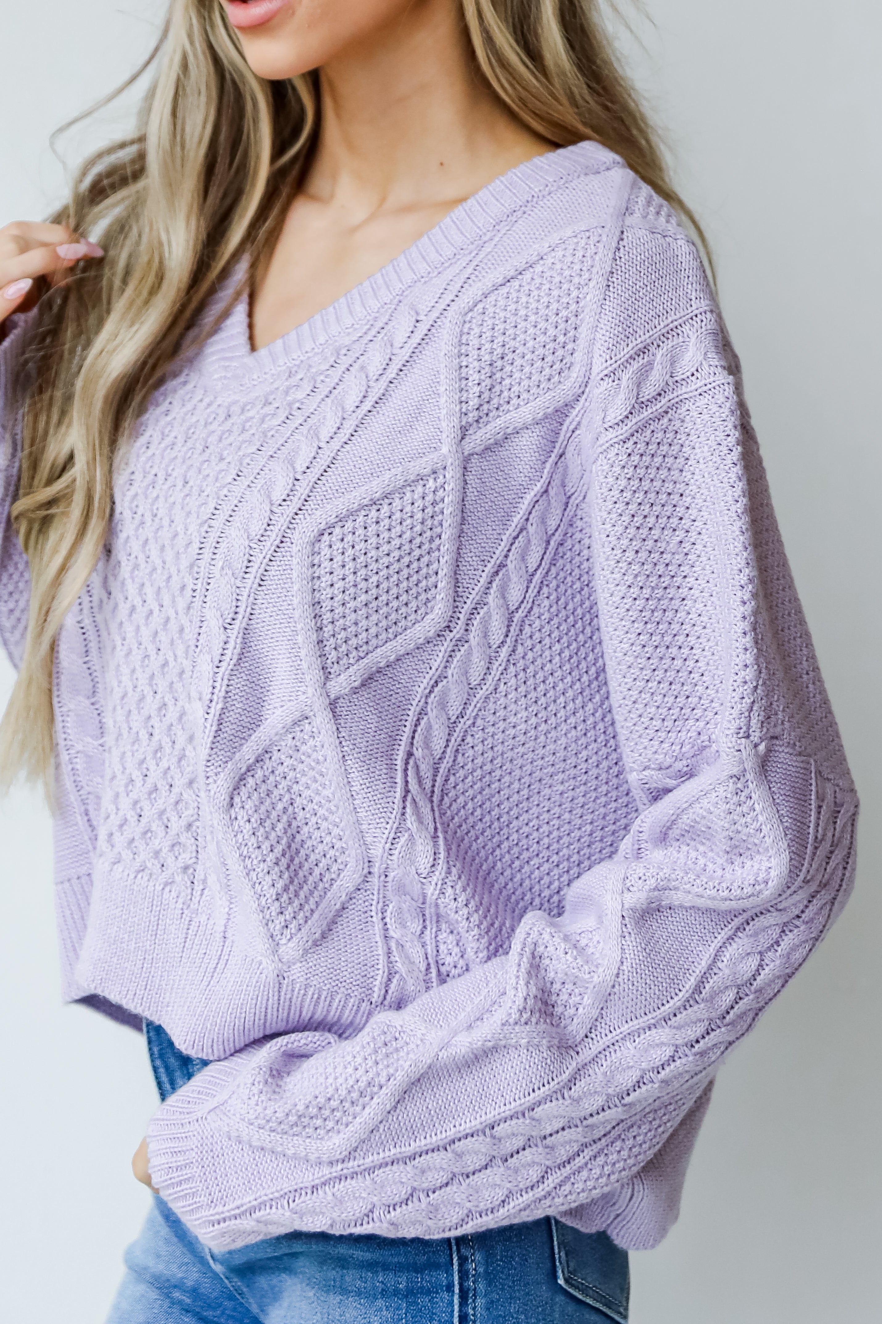Cable Knit Sweater in lavender side view