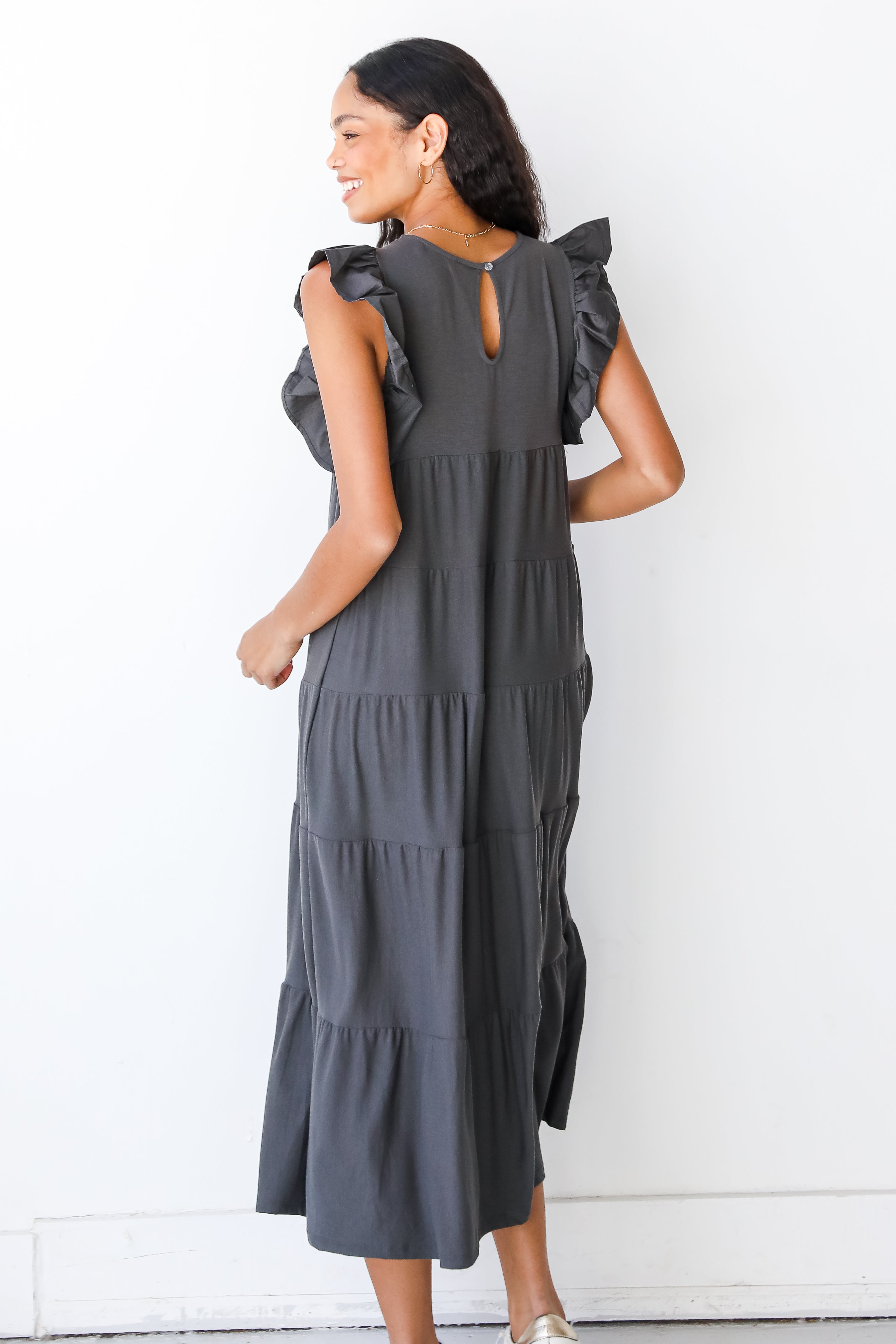 grey tiered maxi dress back view