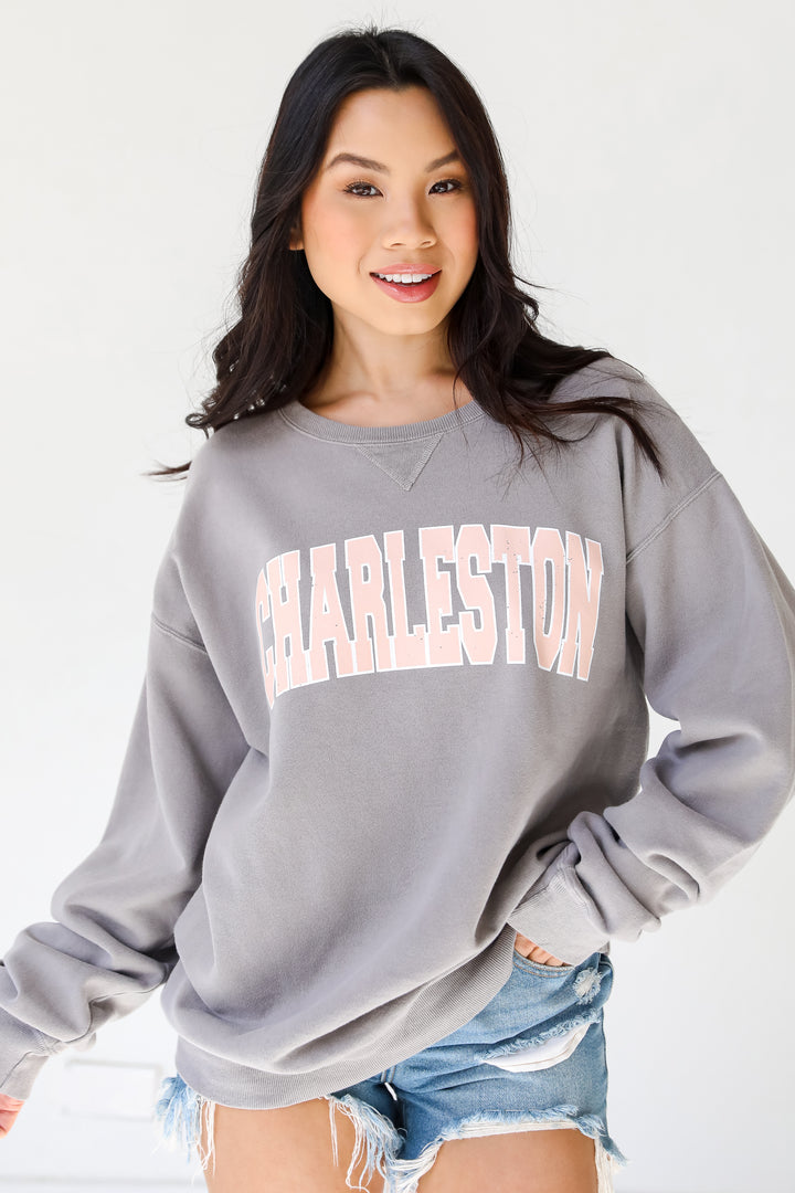 Grey Charleston Pullover. Graphic Sweatshirt. Charleston Comfy Oversized Sweatshirt. 