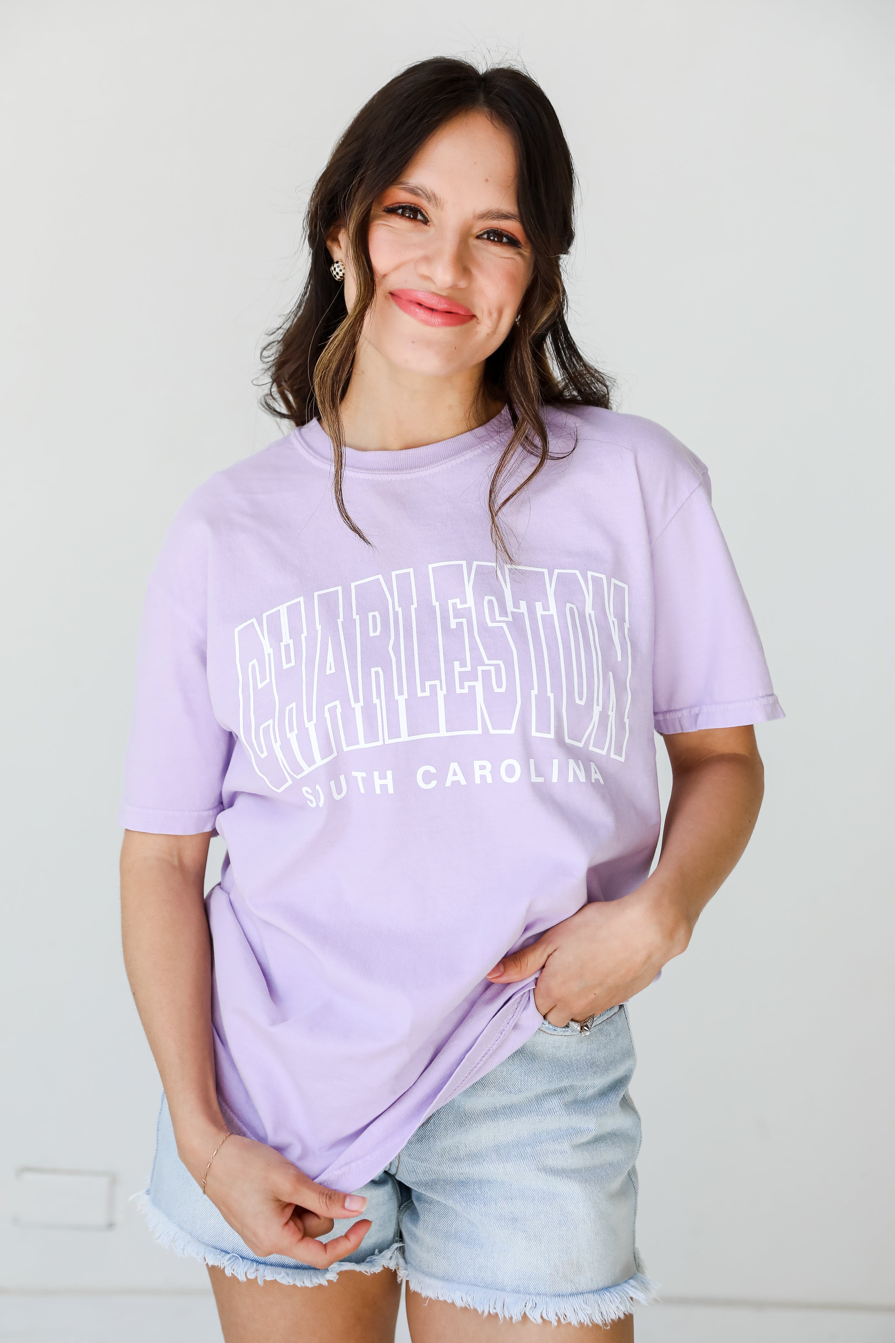 Lavender Charleston South Carolina Tee on model