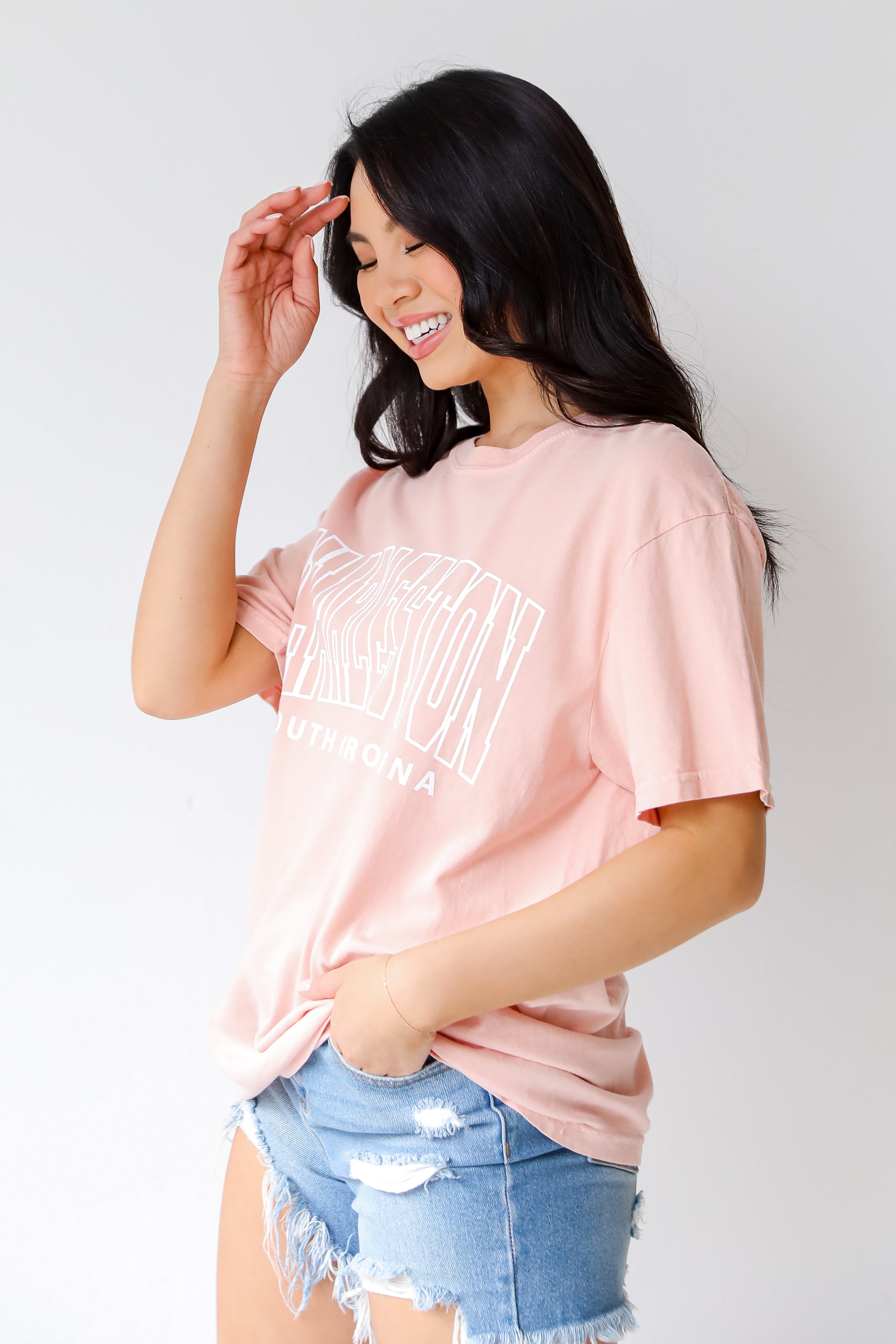Peach Charleston South Carolina Block Letter Tee side view