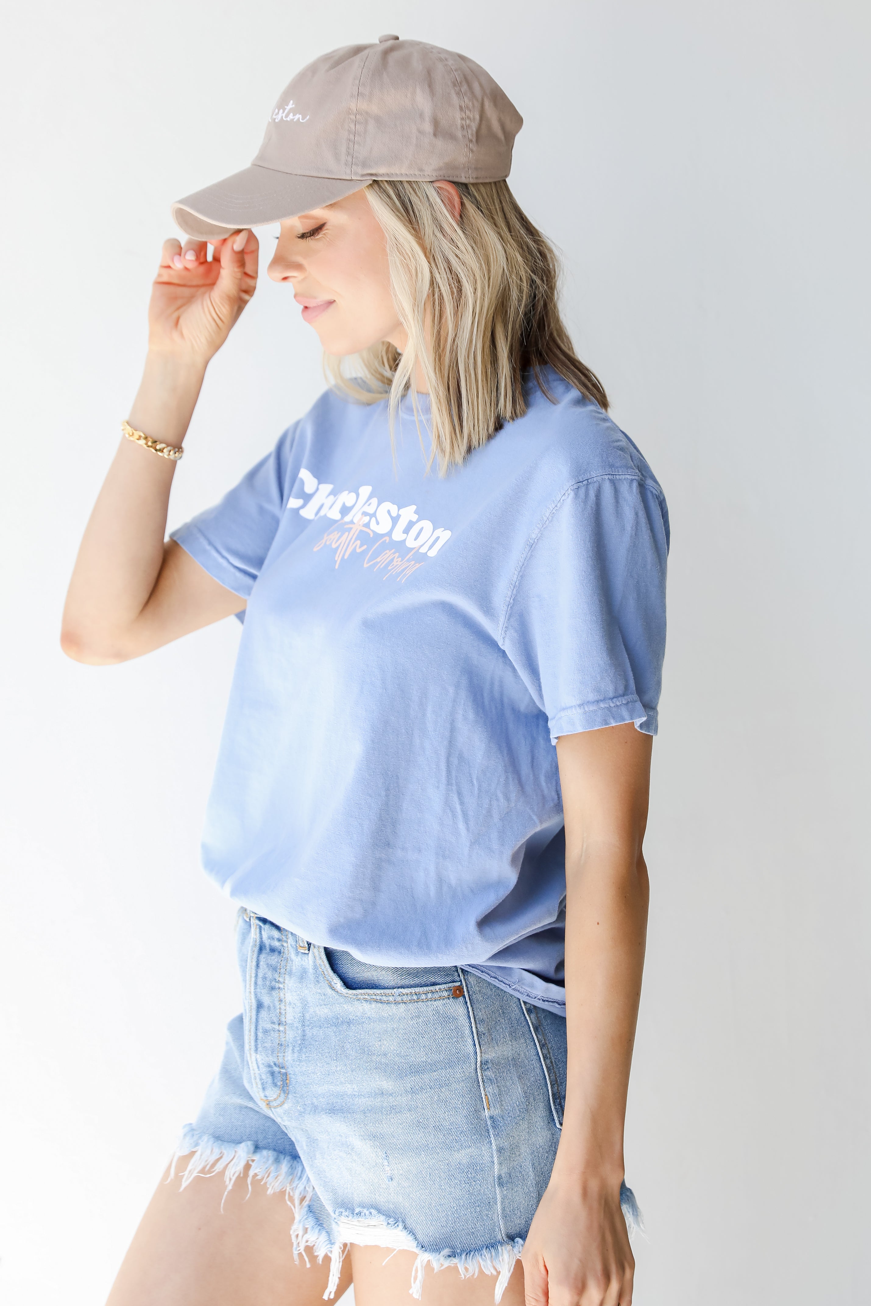 Light Blue Charleston South Carolina Script Tee side view