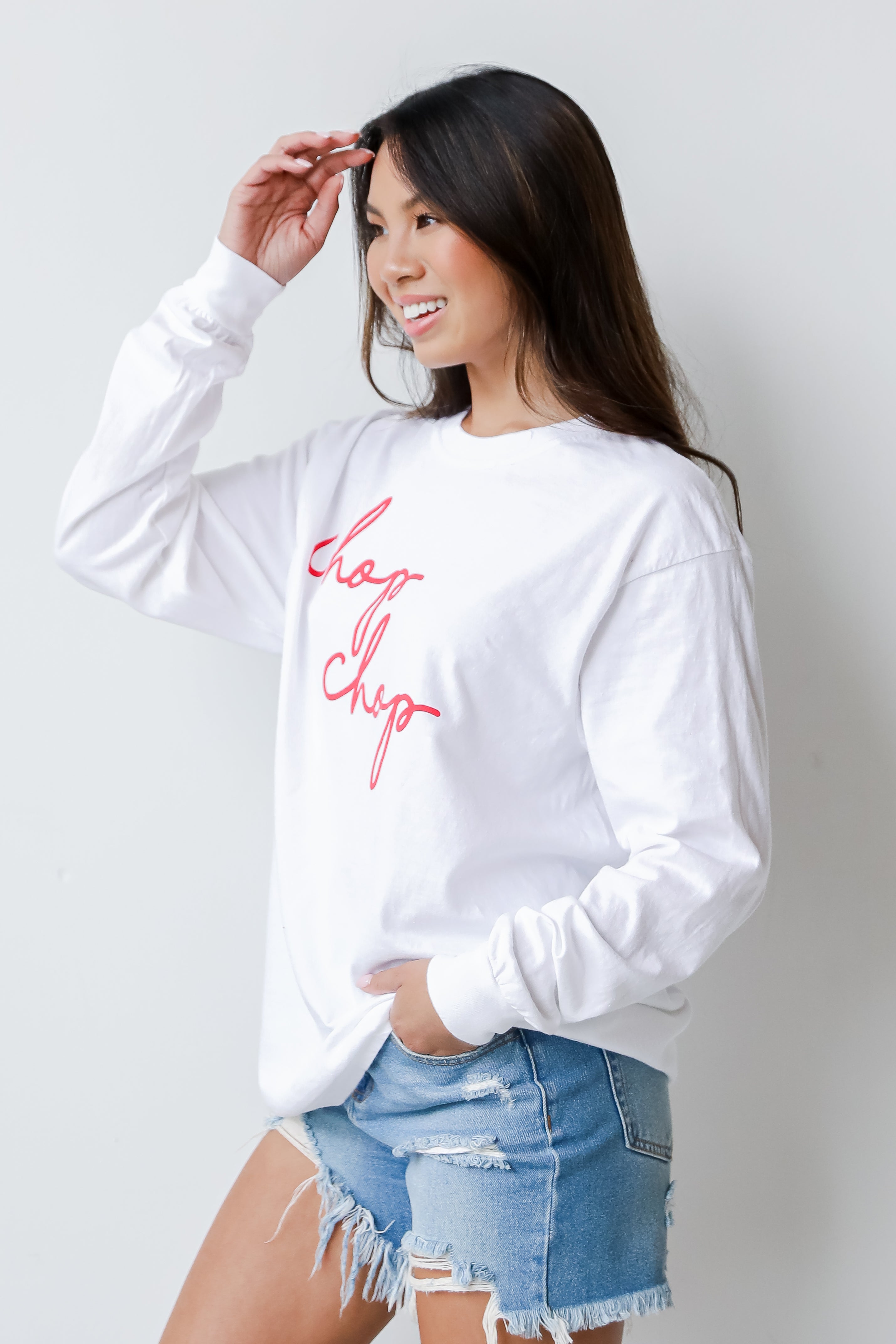 White Chop Chop Long Sleeve Tee side view