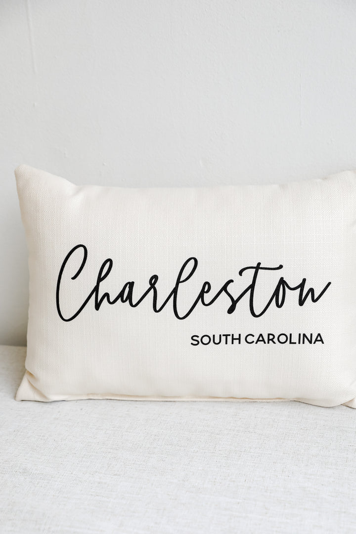 Charleston Script Pillow flat lay