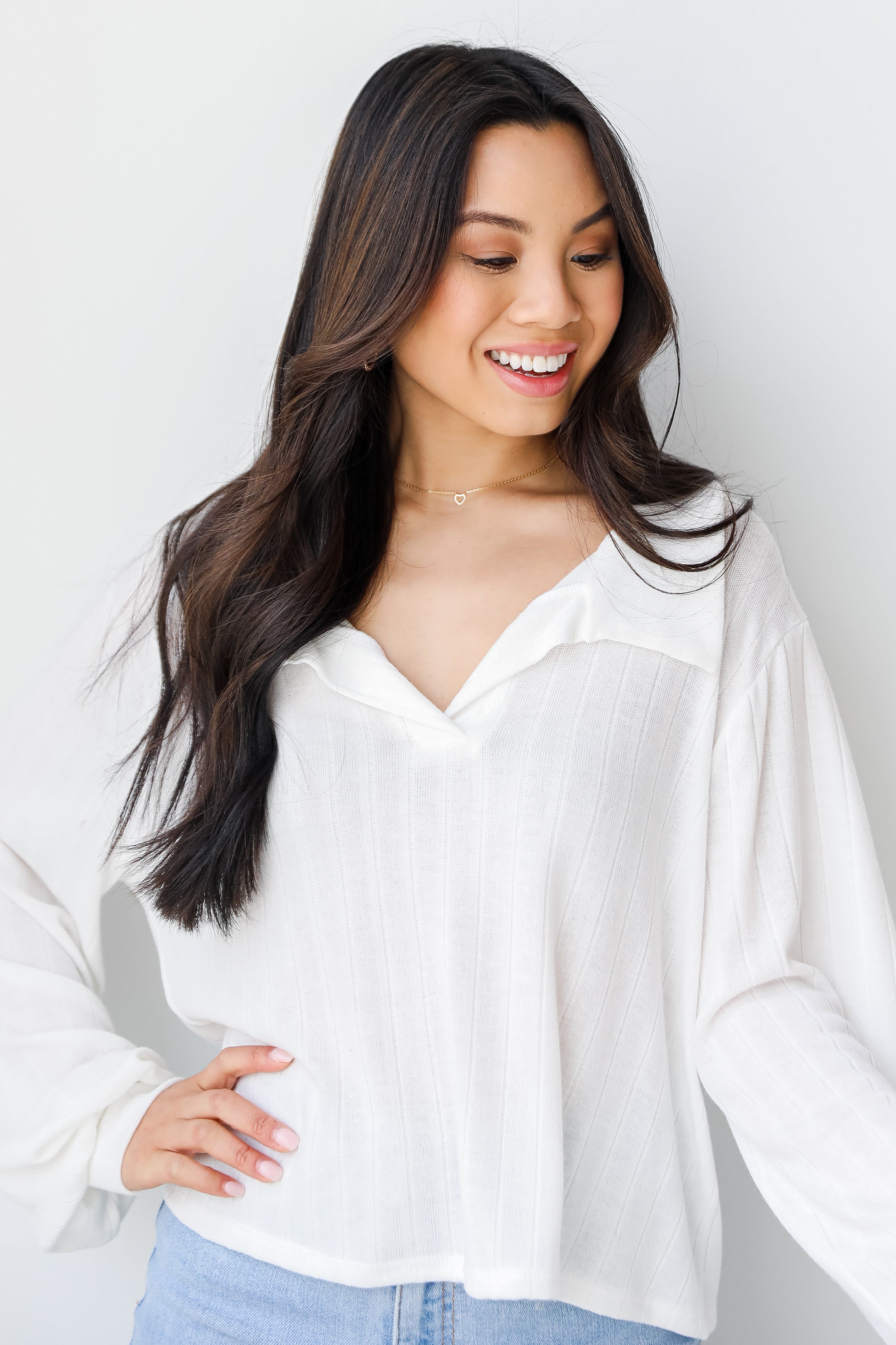 Collared Knit Top in white front view