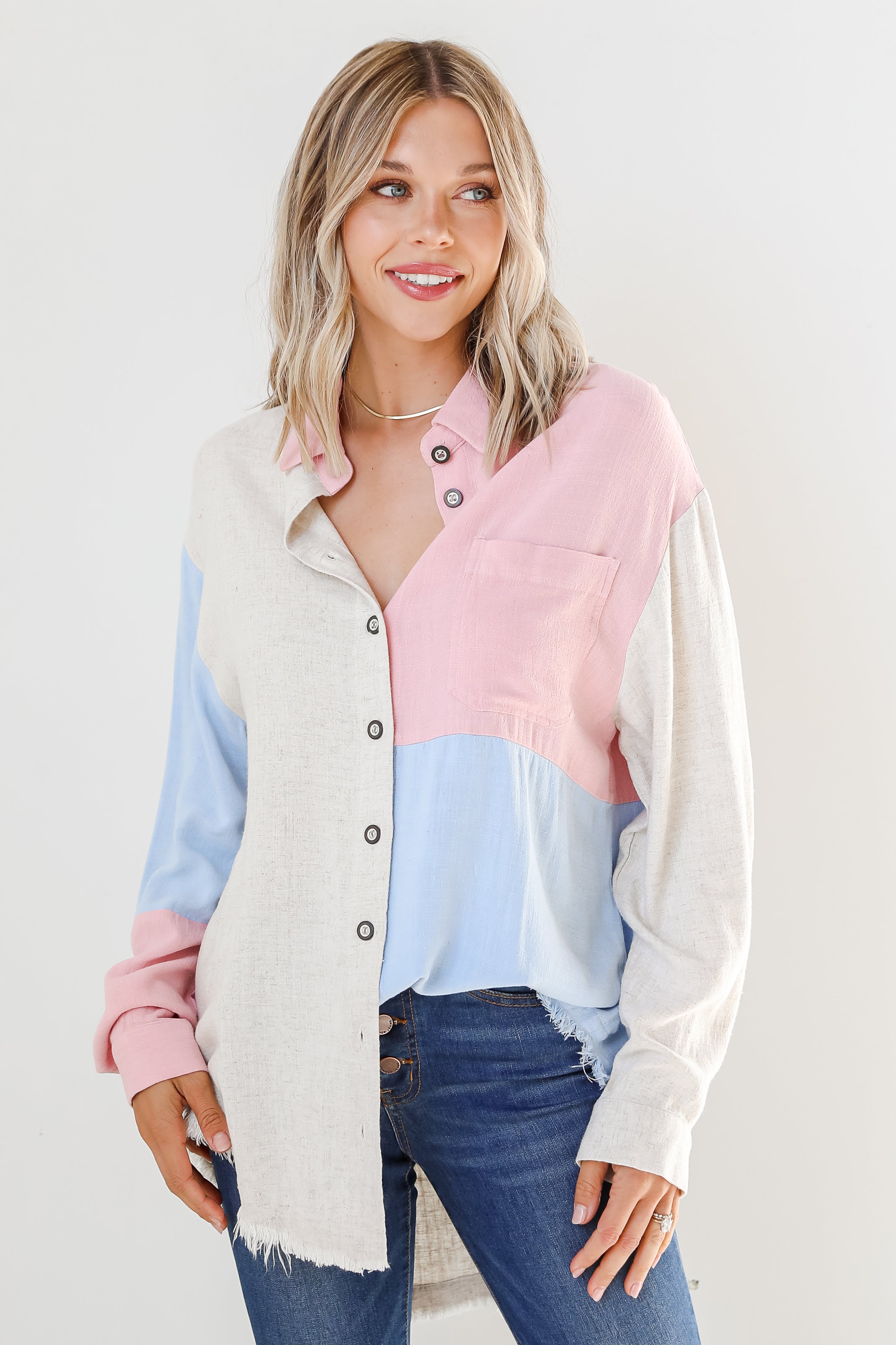 blush Color Block Button-Up Blouse
