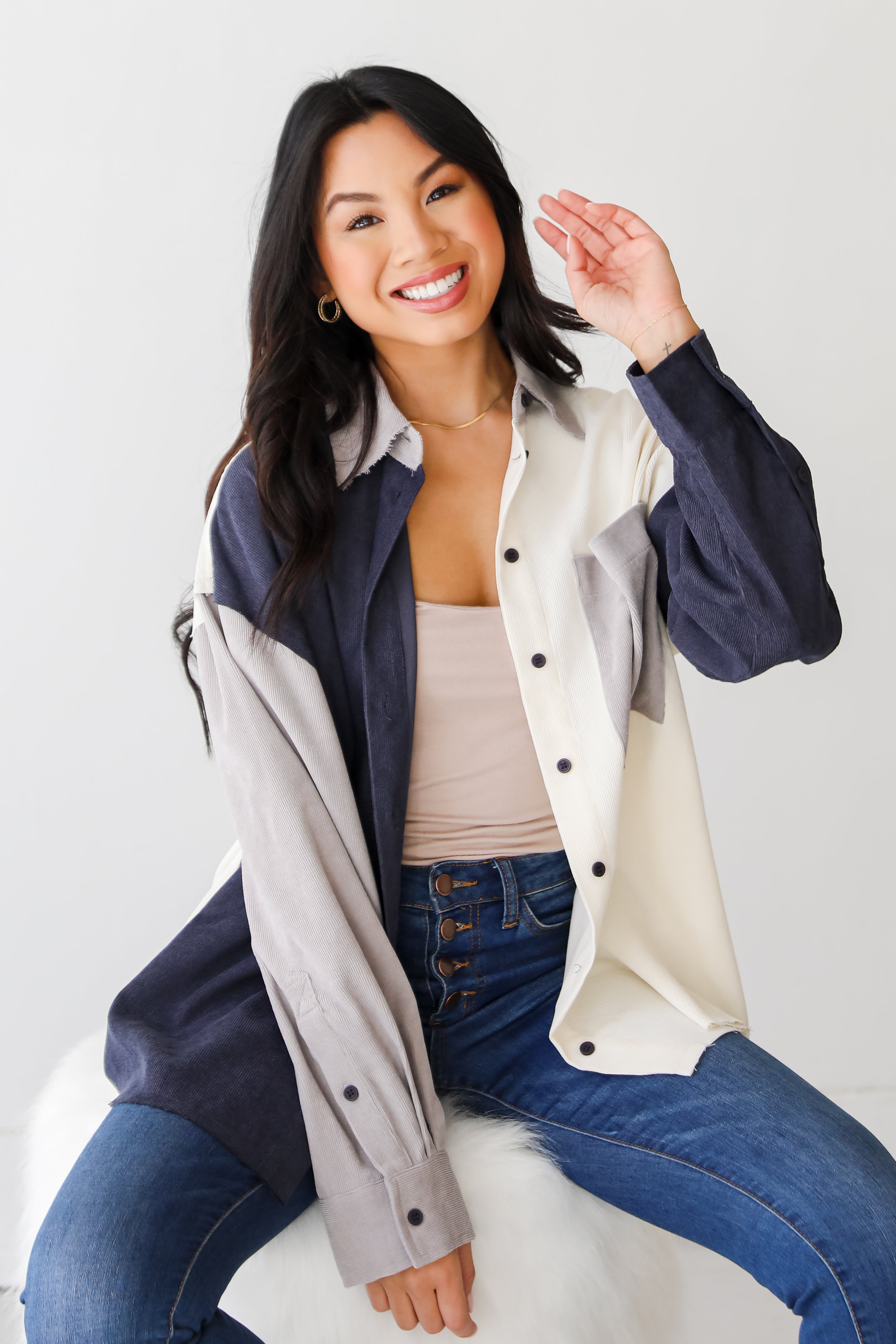 Corduroy Color Block Shacket on model