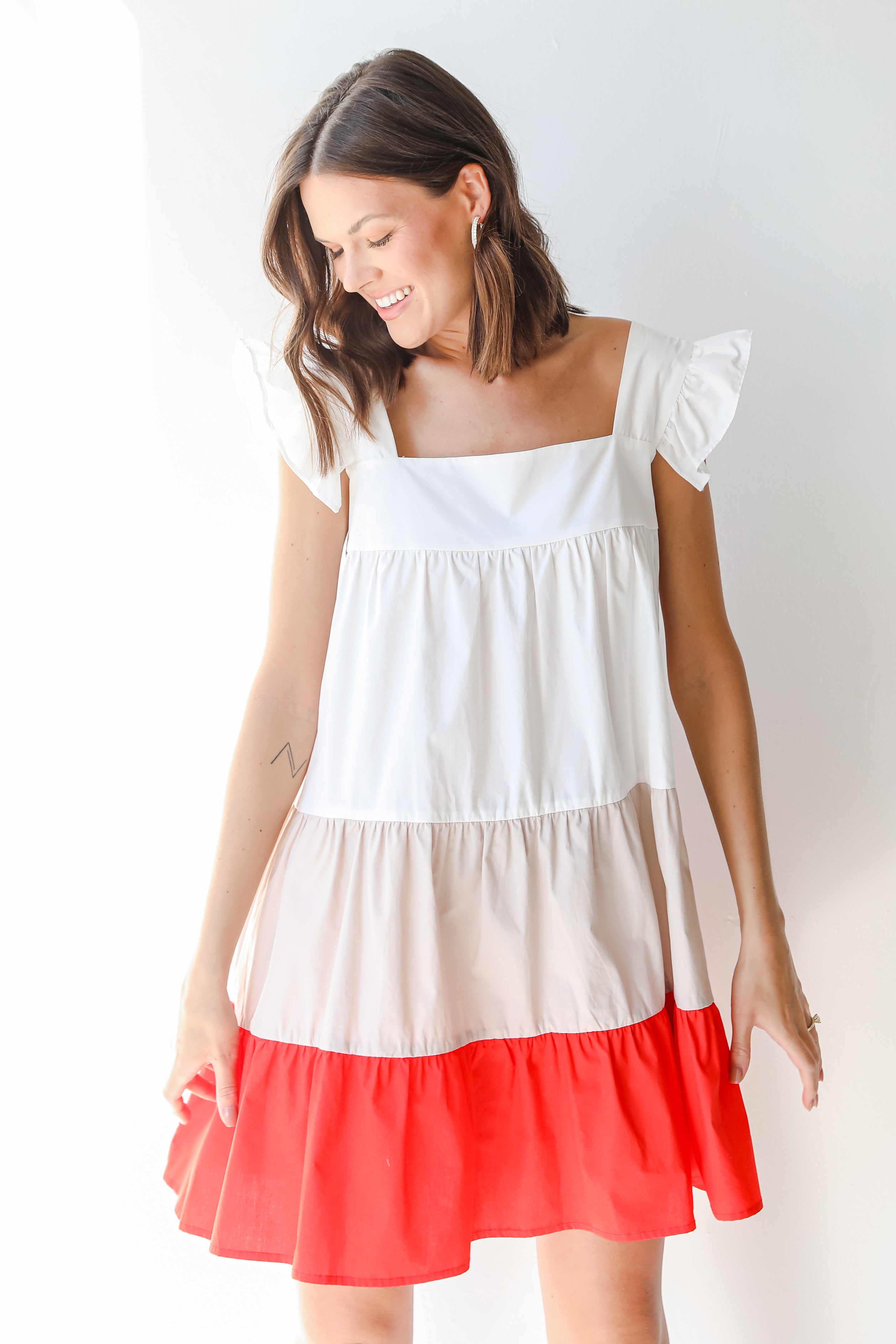 Tiered Color Block Mini Dress on model