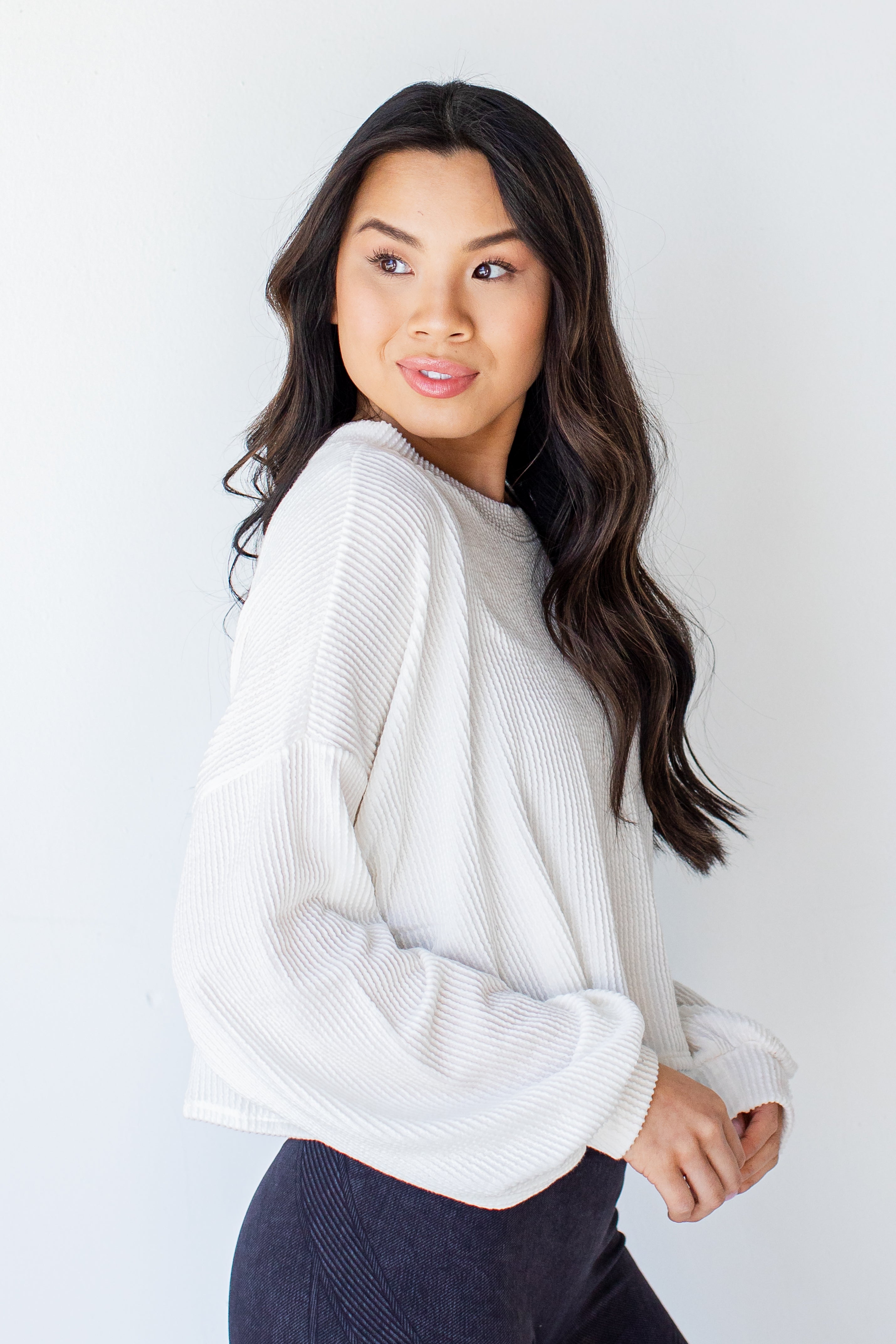 Cropped Corded Pullover in white side view