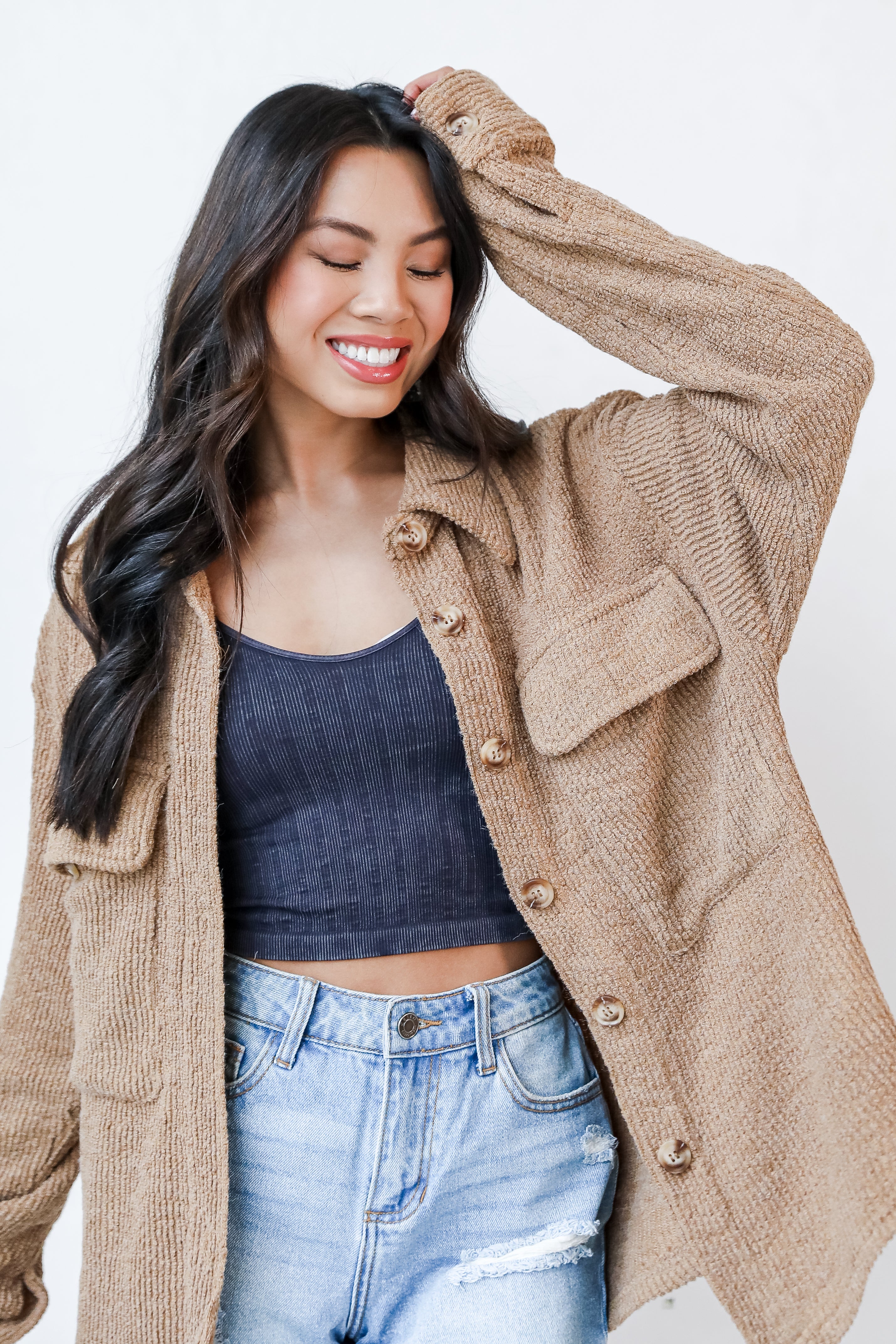 Corded Shacket in mocha front view