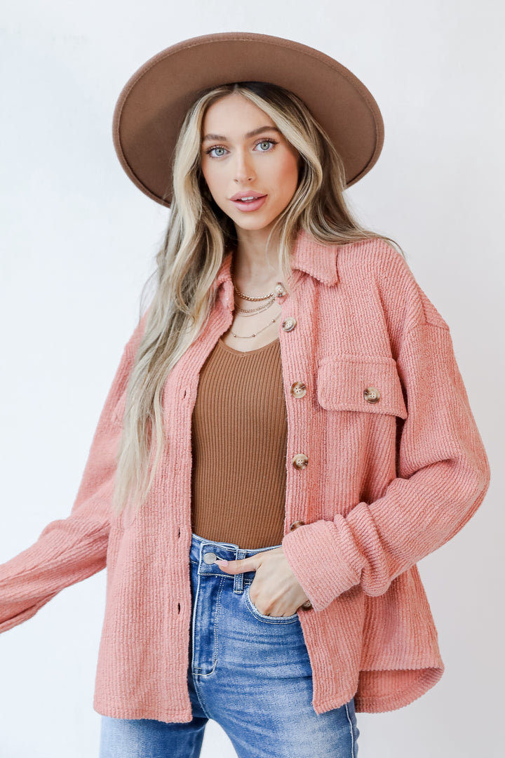 Corded Shacket in blush front view