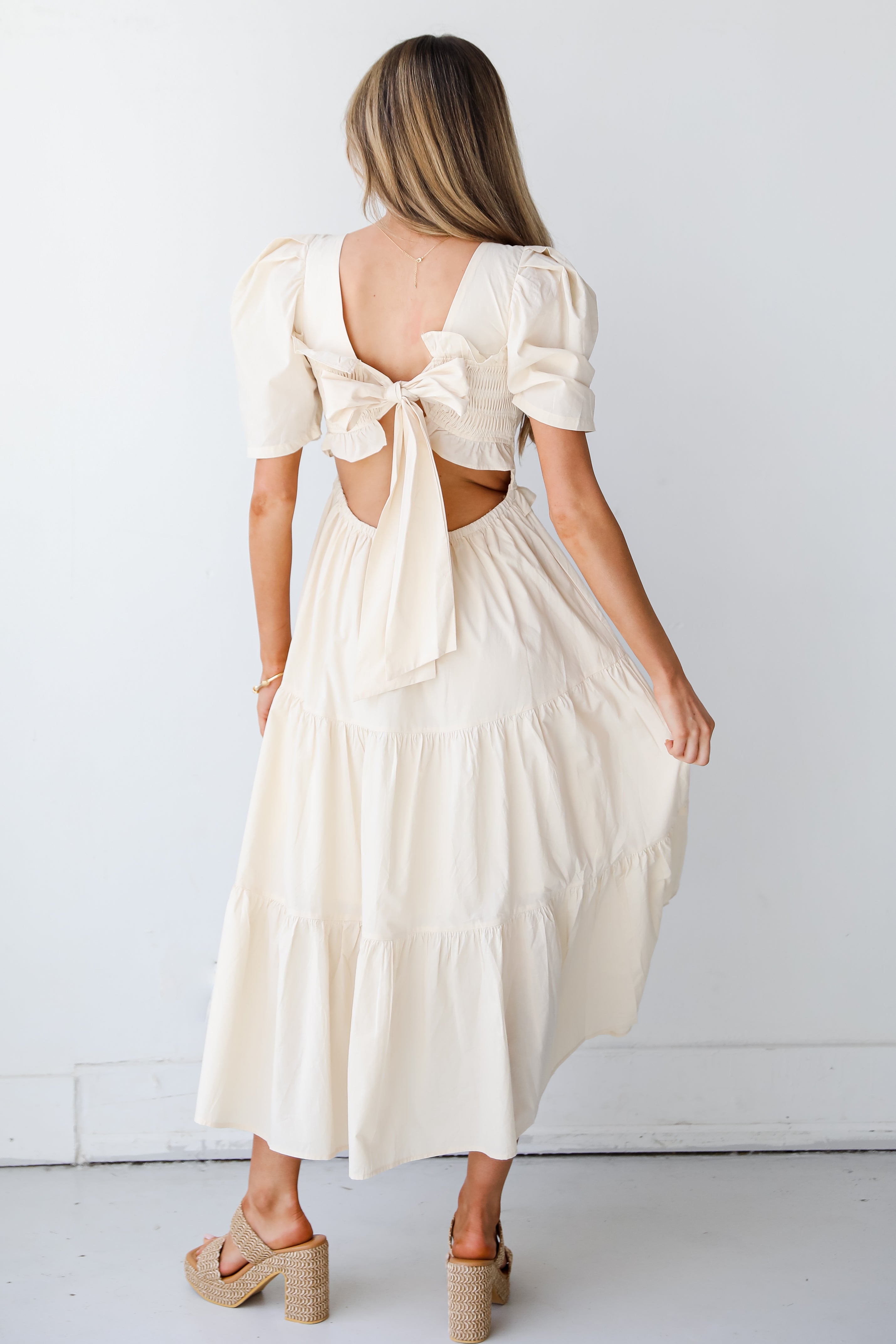 cream Tiered Midi Dress back view