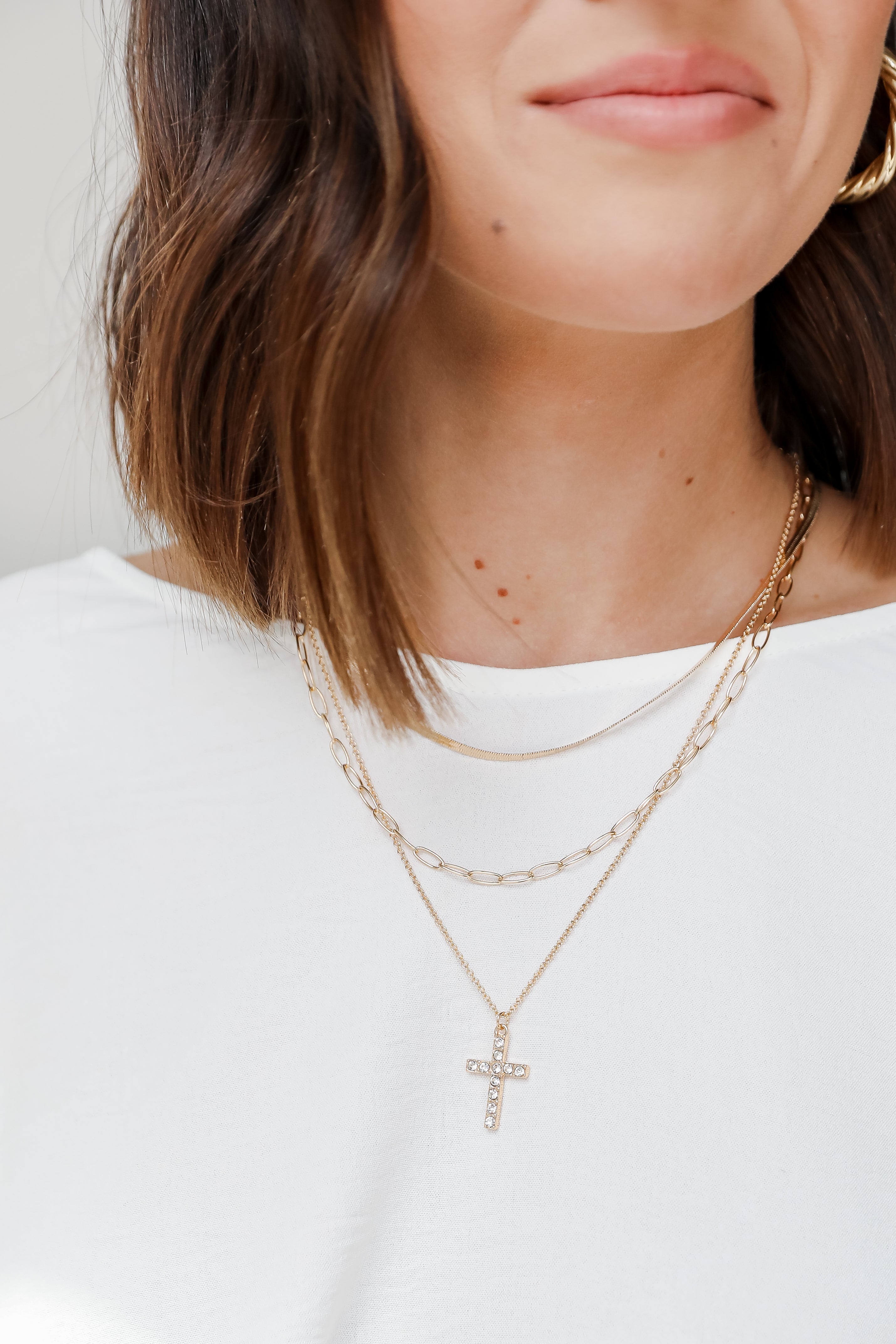 Gold Rhinestone Cross Layered Necklace