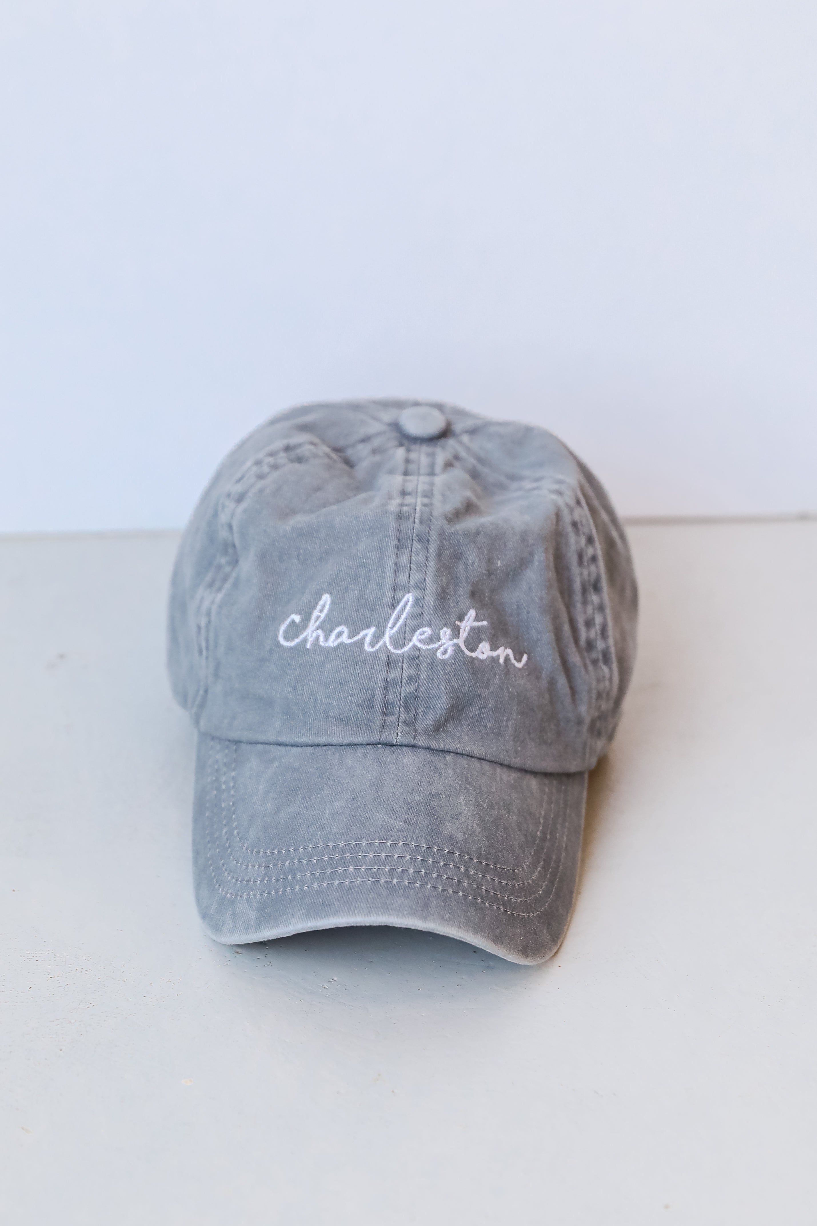 grey Charleston Script Embroidered Hat close up