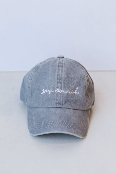 grey Savannah Script Embroidered Hat flat lay