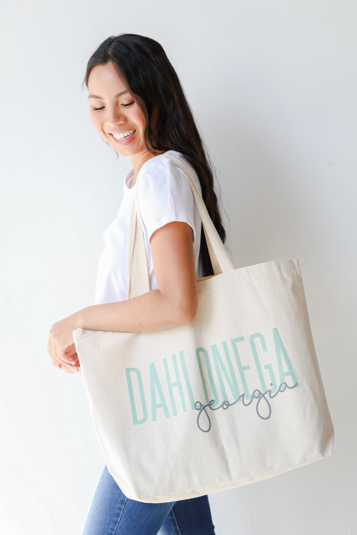 Dahlonega Georgia Script Large Tote Bag on model