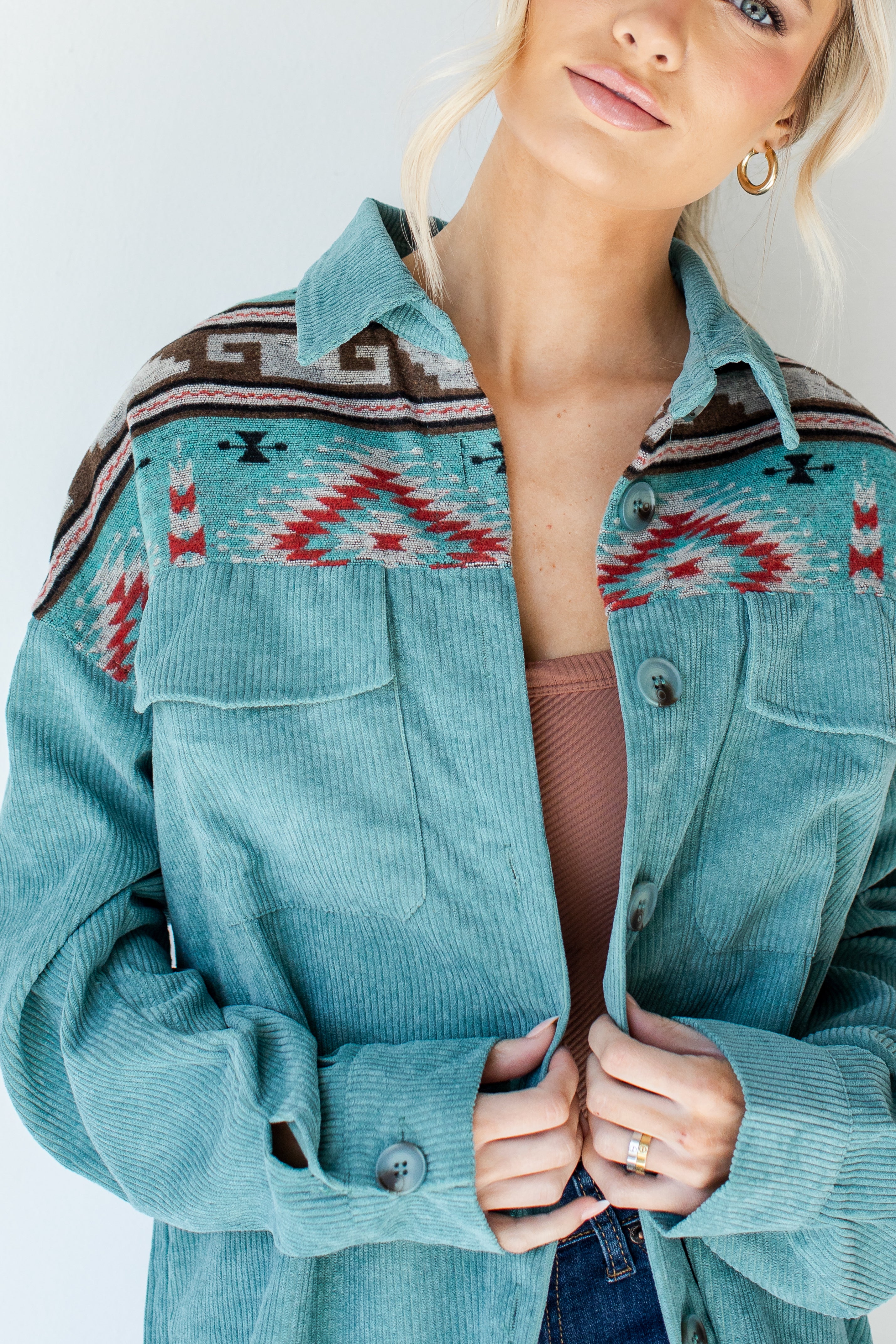 Aztec Corduroy Shacket on model