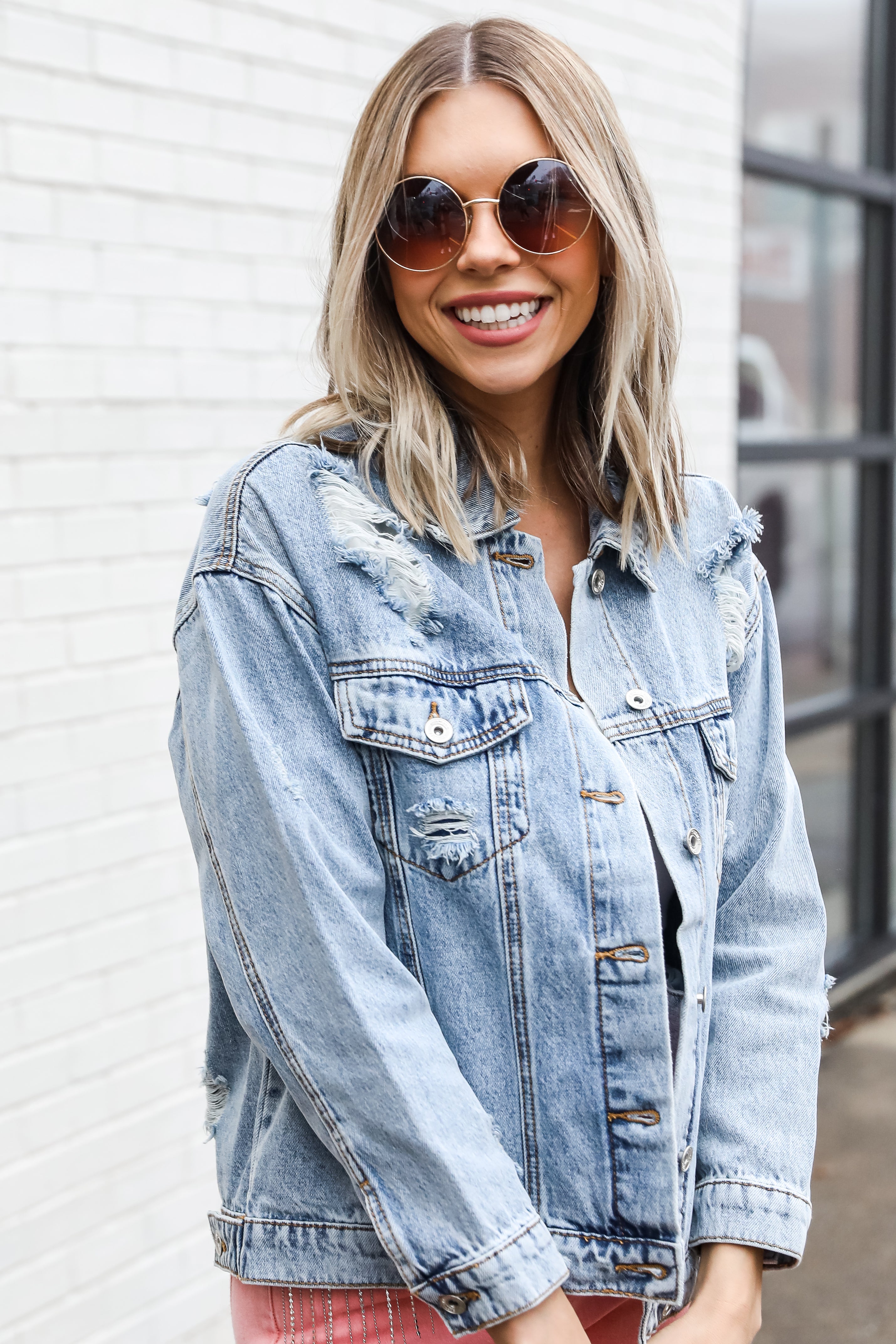 Distressed Denim Jacket on model