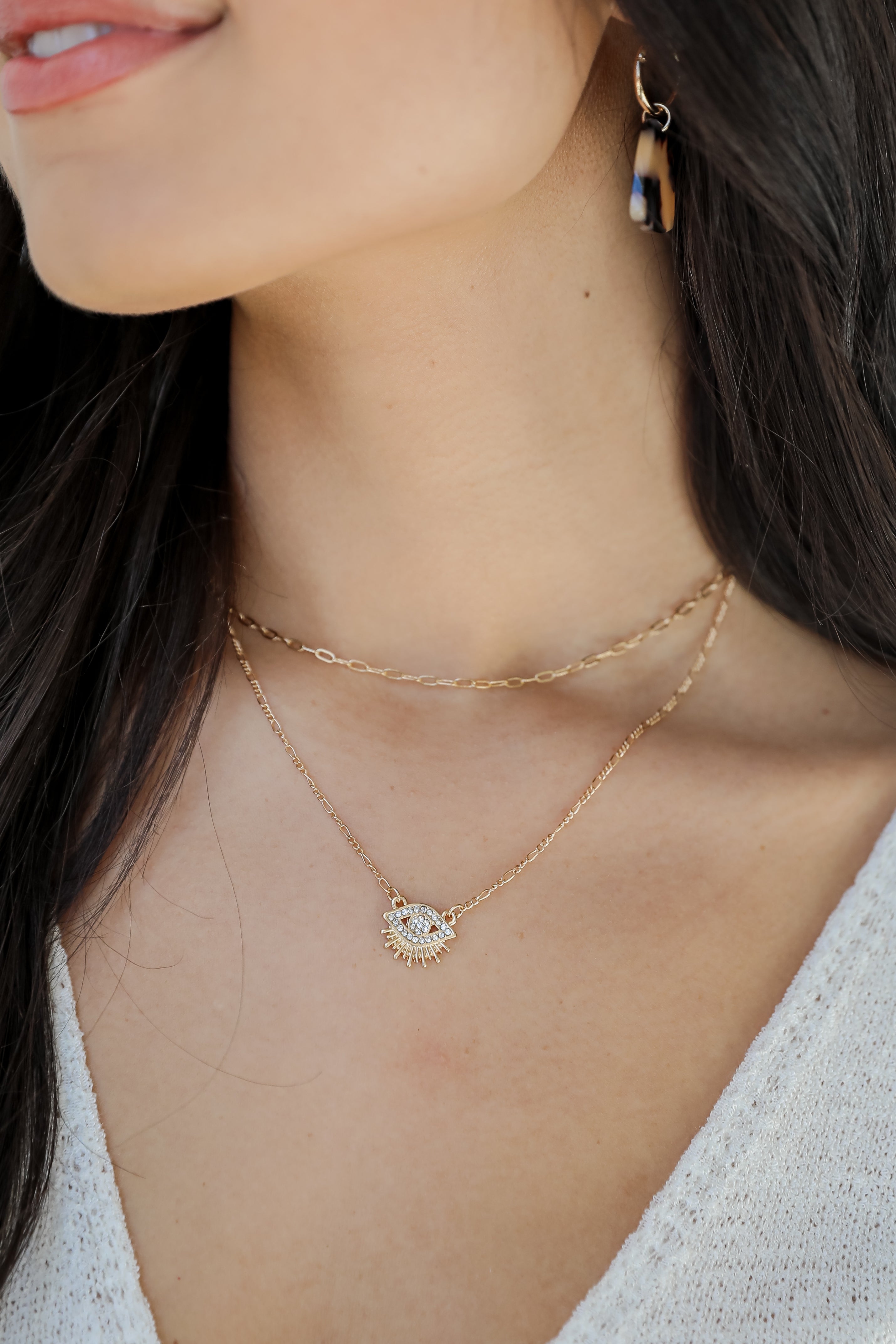 Gold Rhinestone Eye Layered Necklace