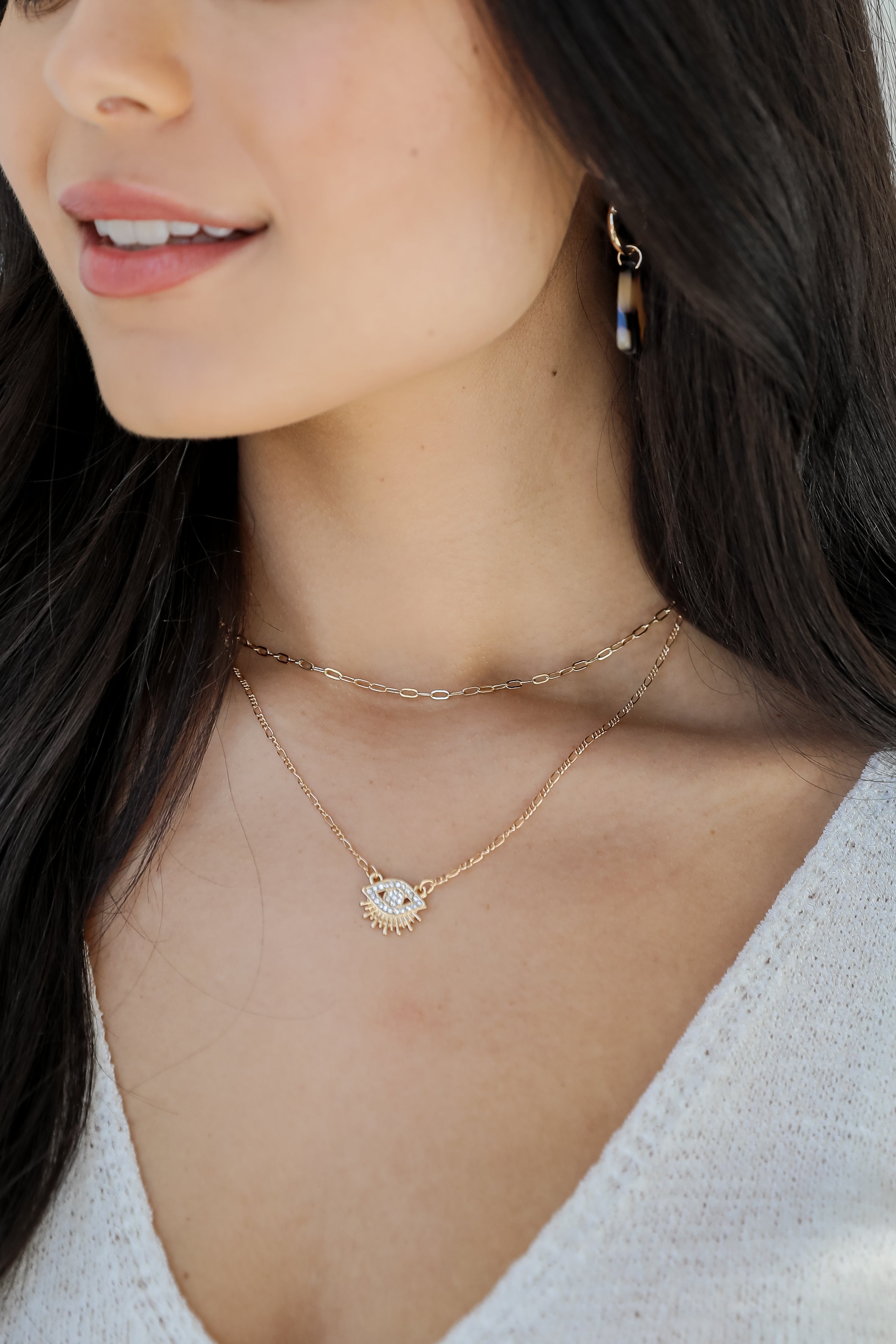 Gold Rhinestone Eye Layered Necklace on model