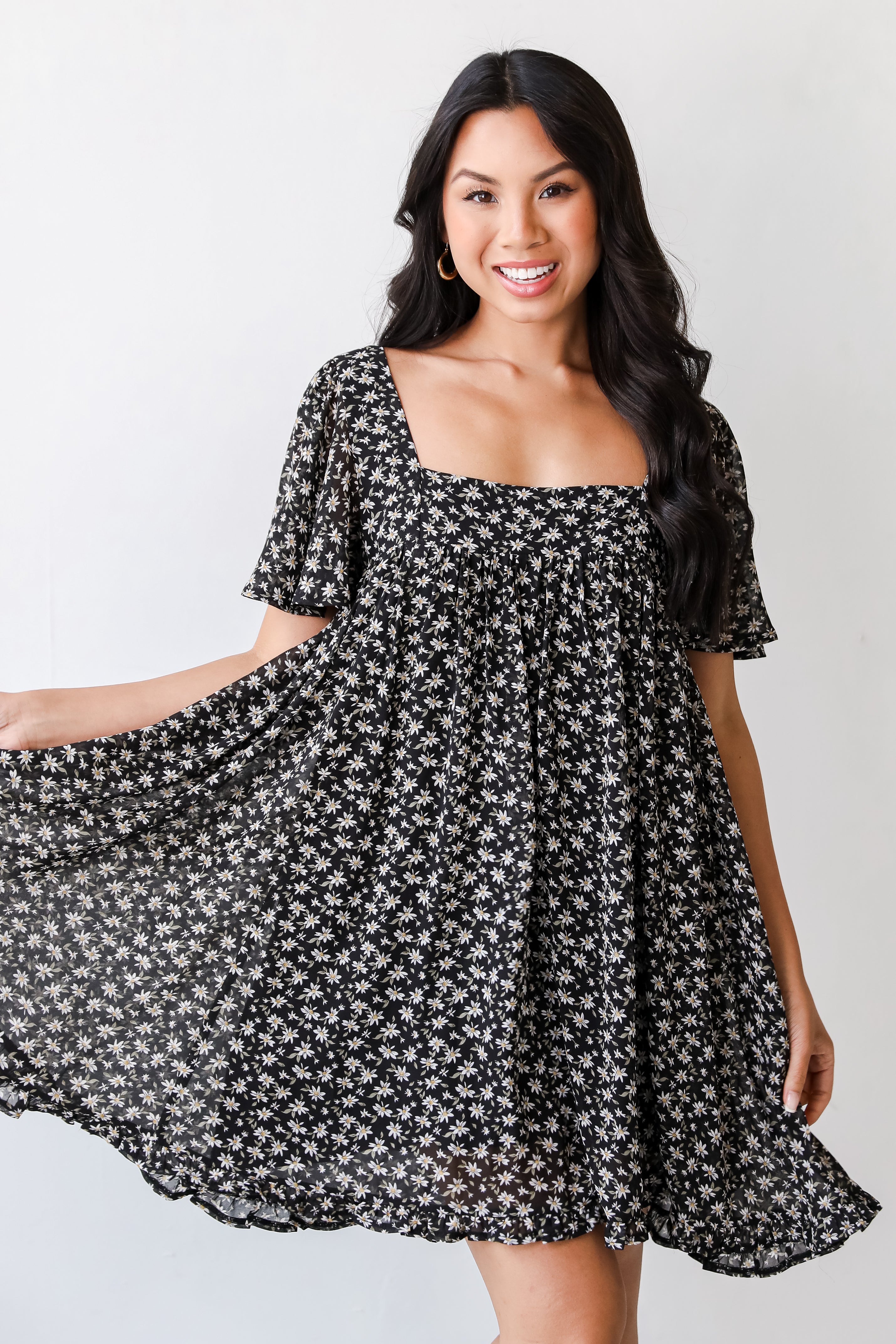 Floral Mini Dress in black on model
