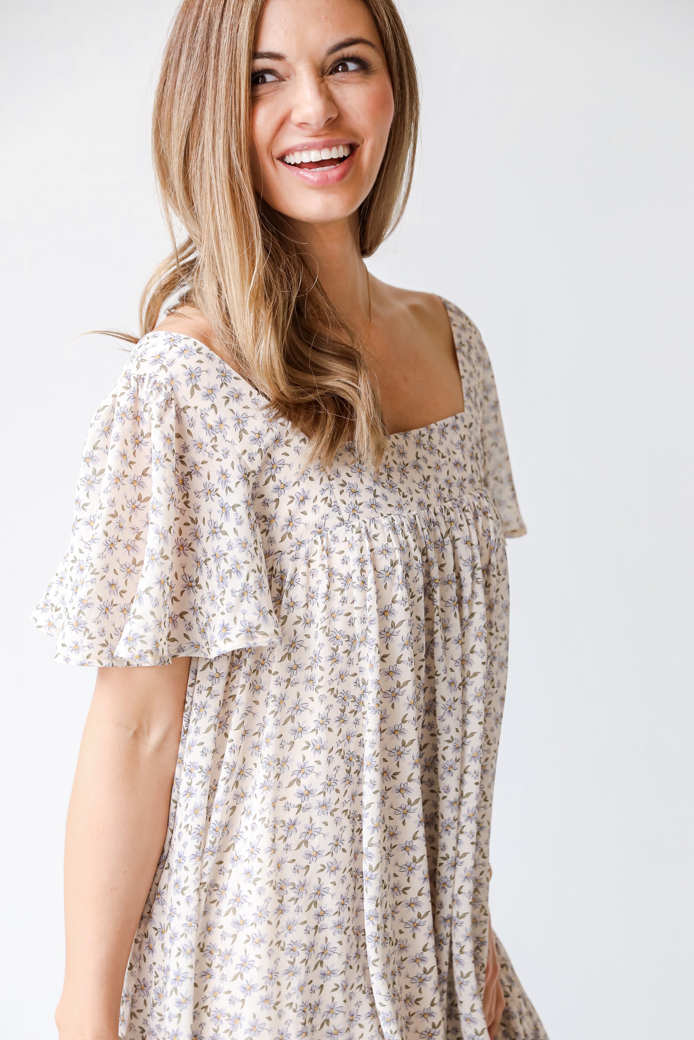 Floral Mini Dress in ivory close up