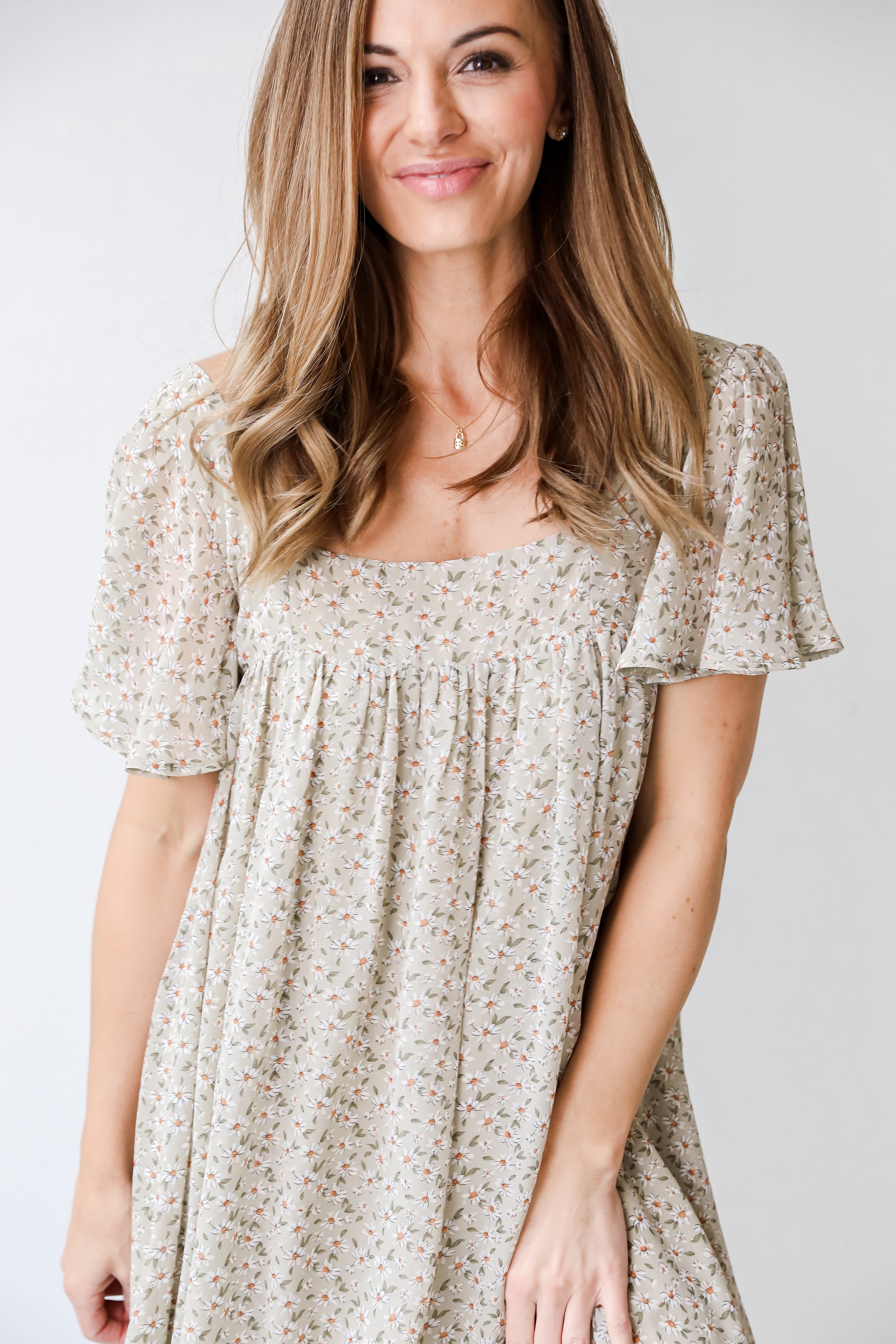 Floral Mini Dress in sage close up