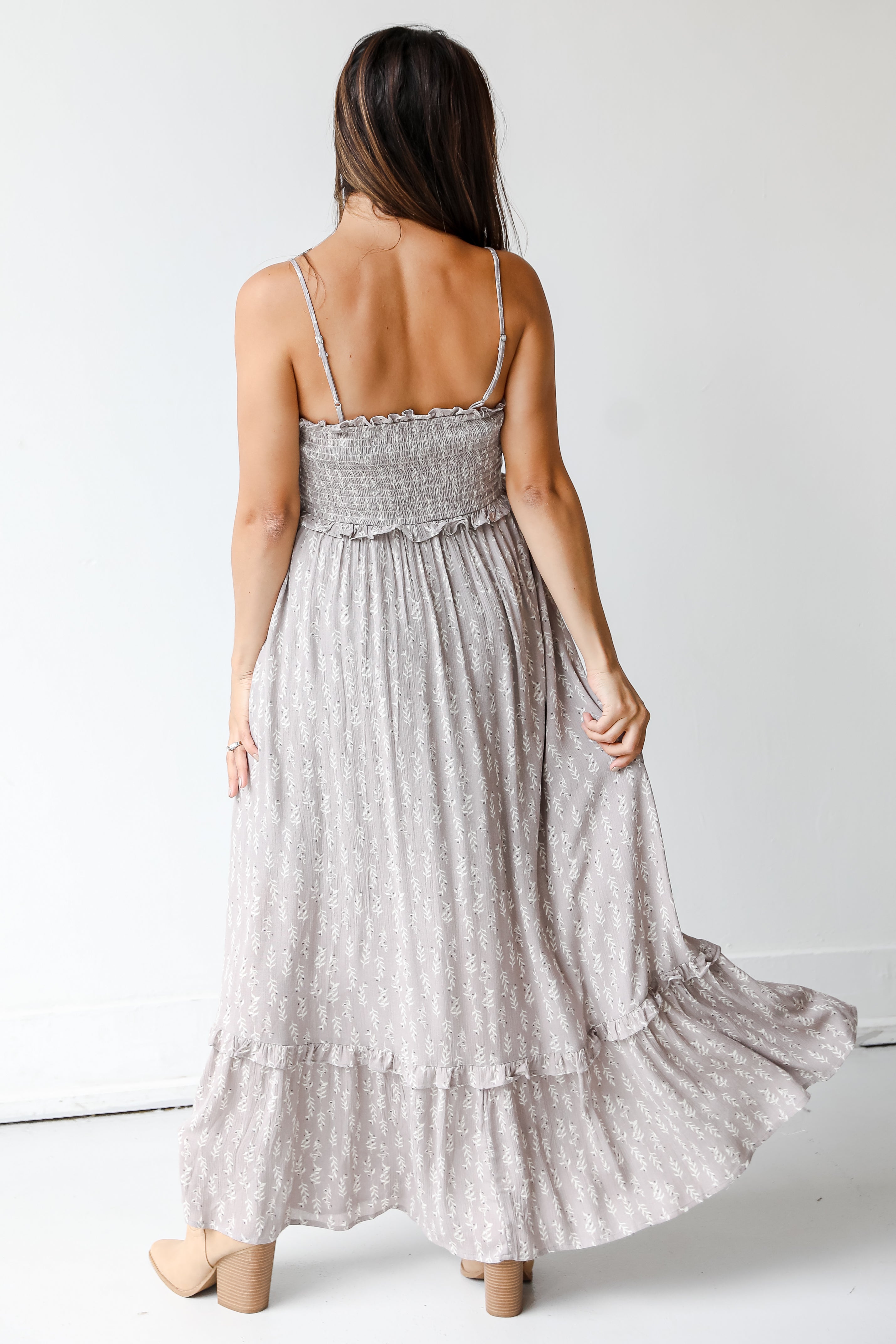 taupe midi dress back view