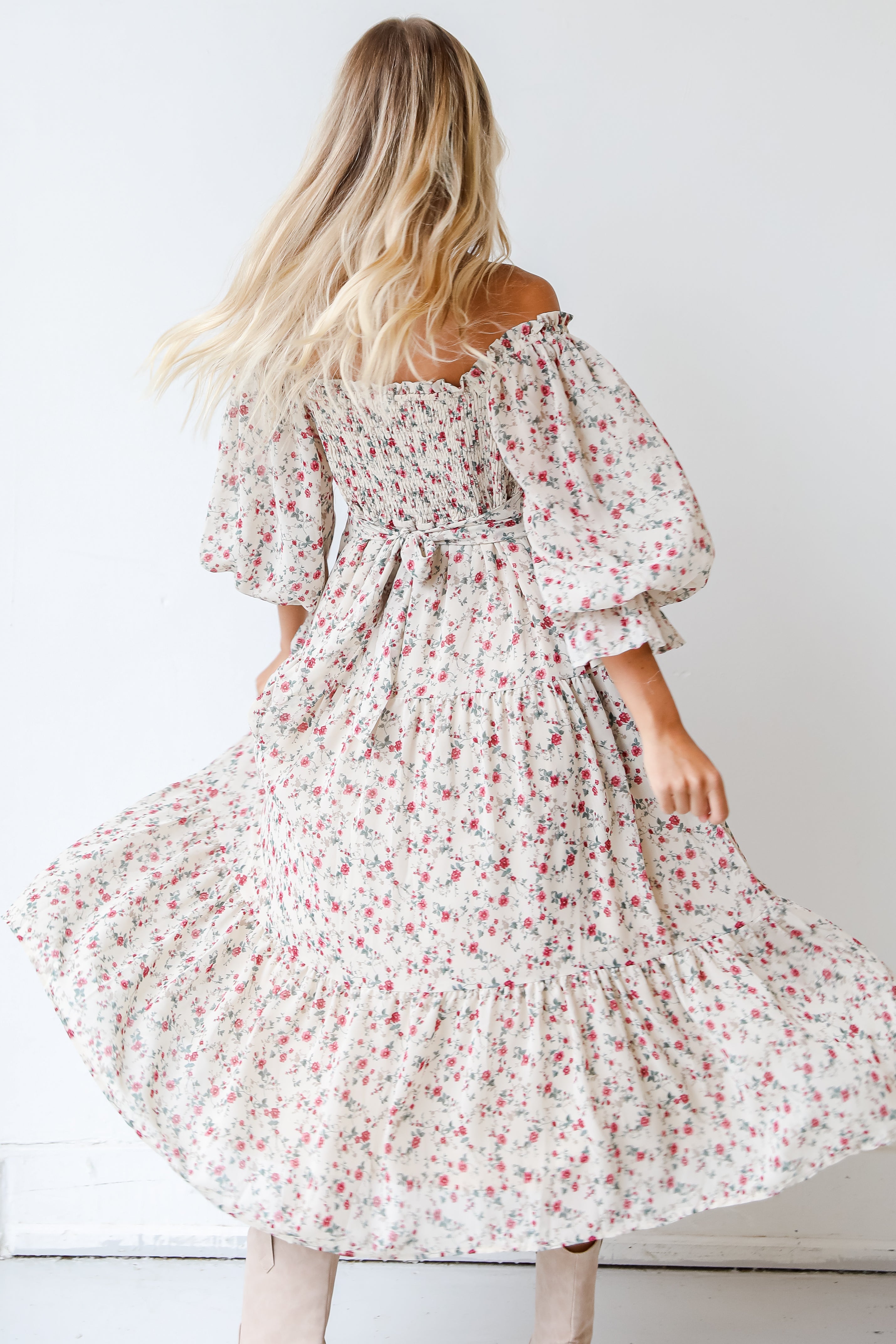 white floral maxi dress back view