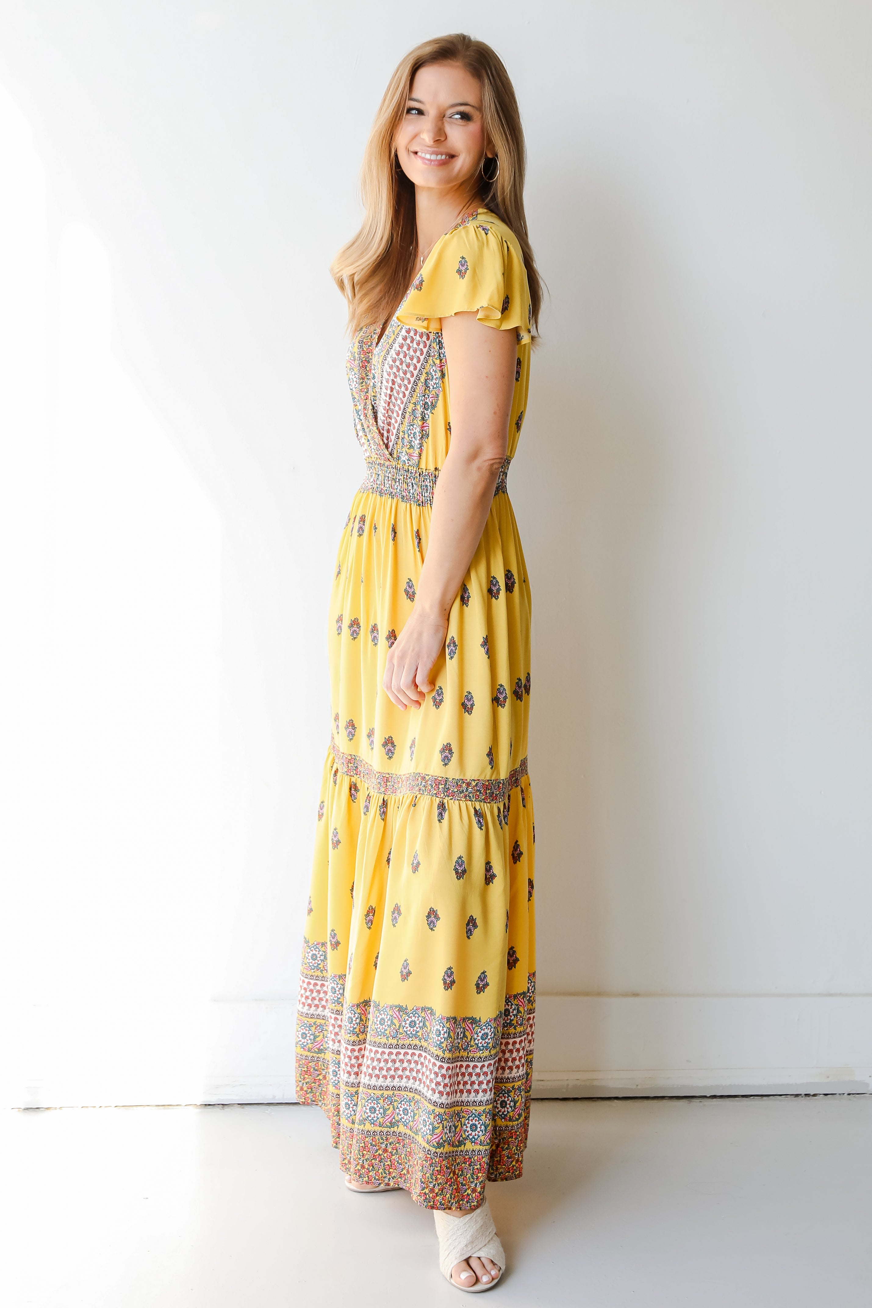 Tiered Floral Maxi Dress in yellow side view