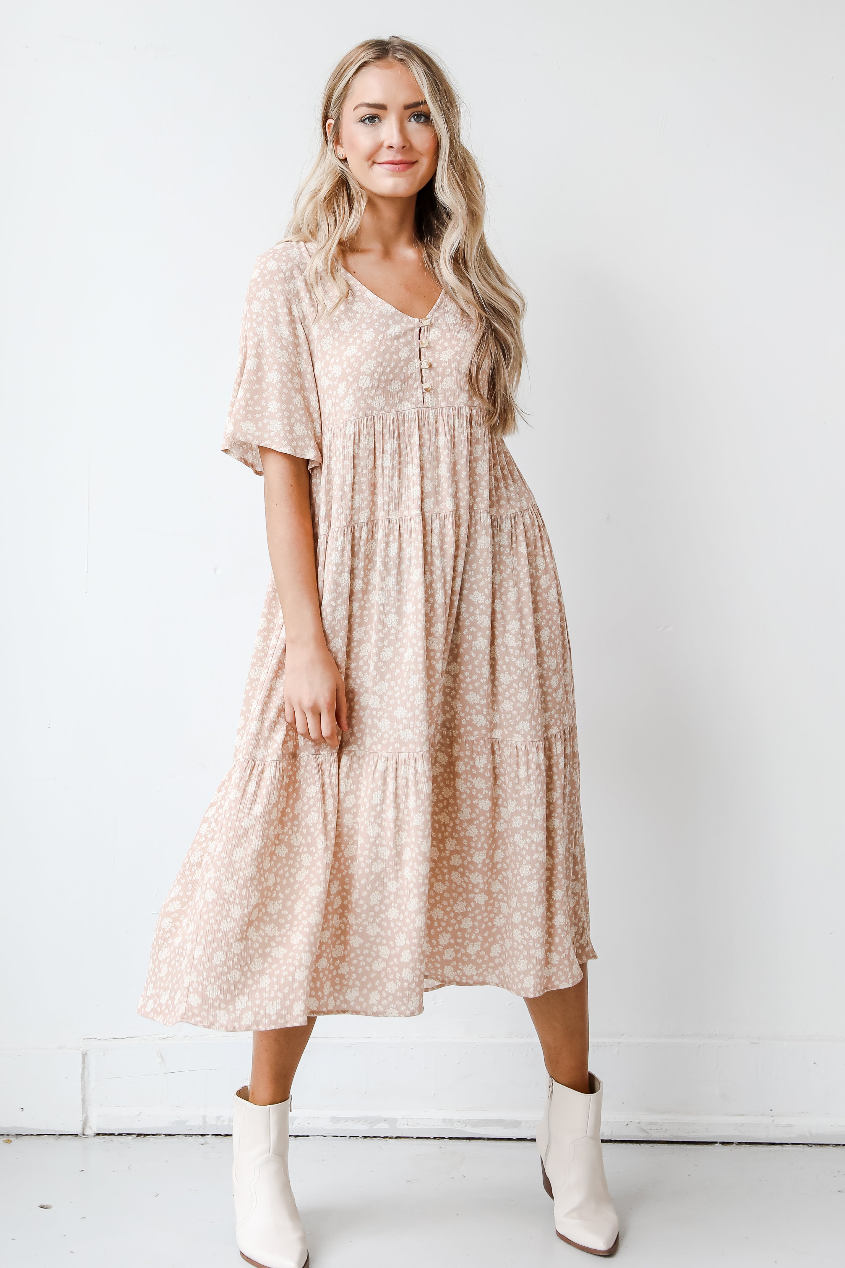 fall floral midi dress in blush