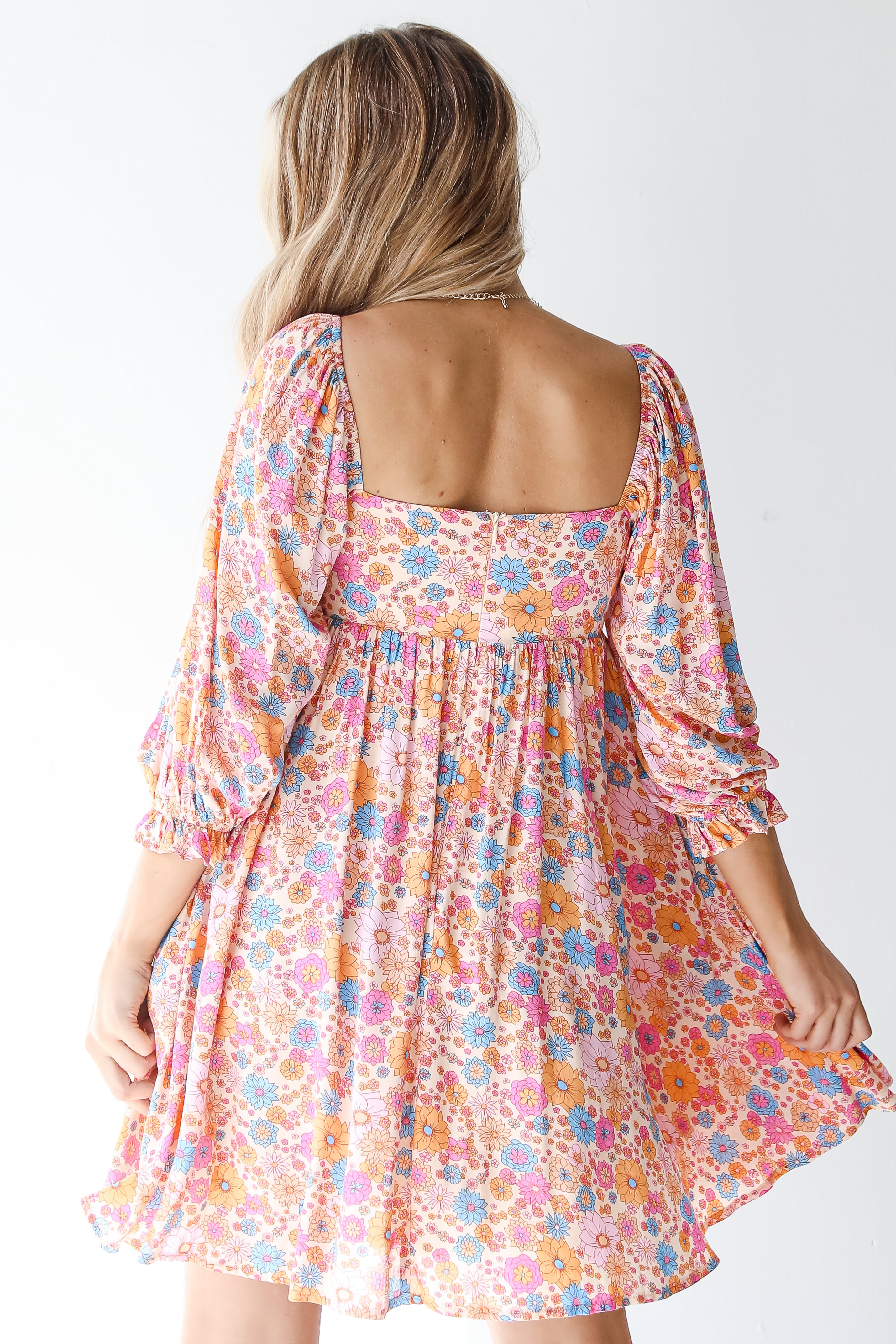 pink floral mini dress back view