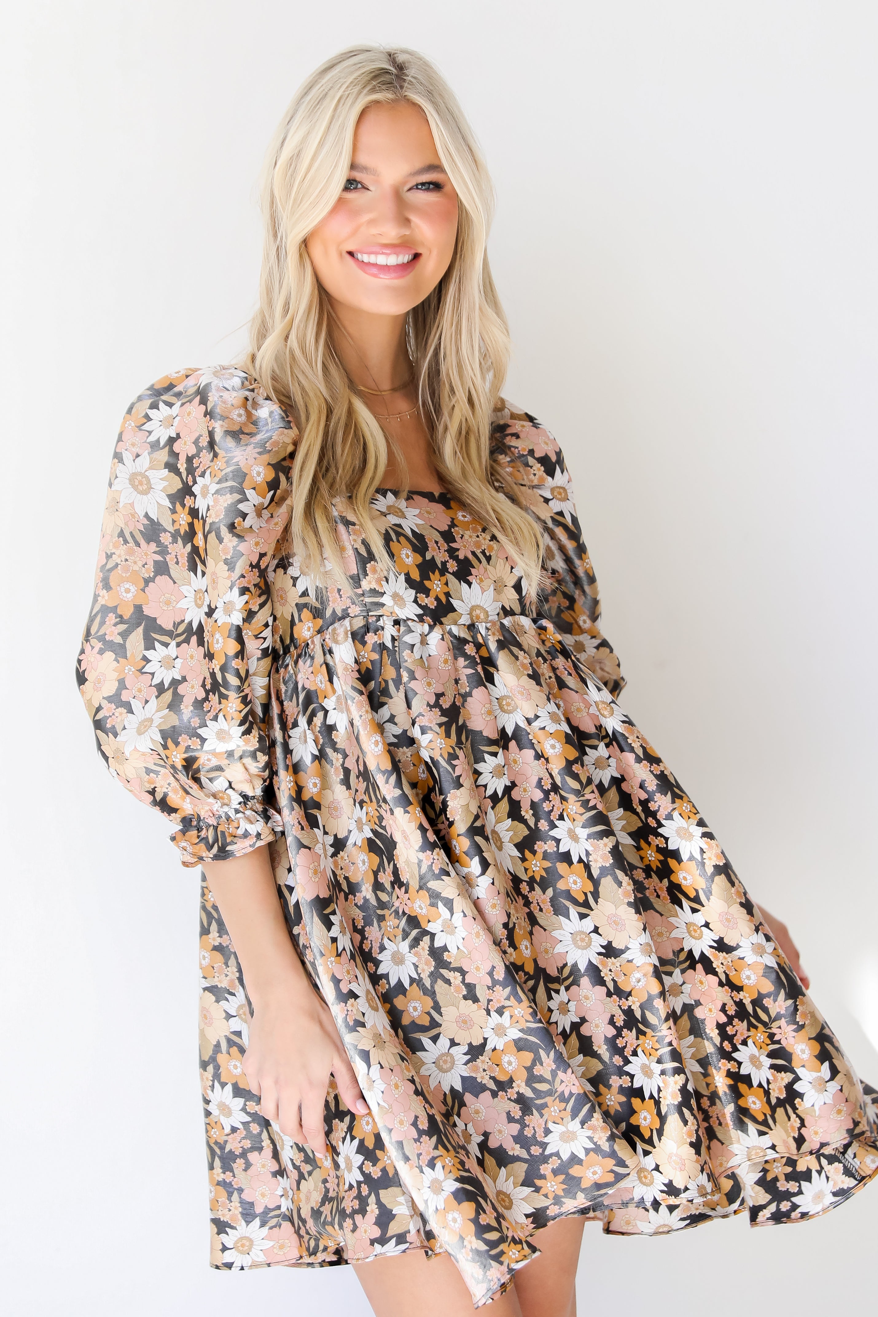 black Floral Babydoll Mini Dress front view on model