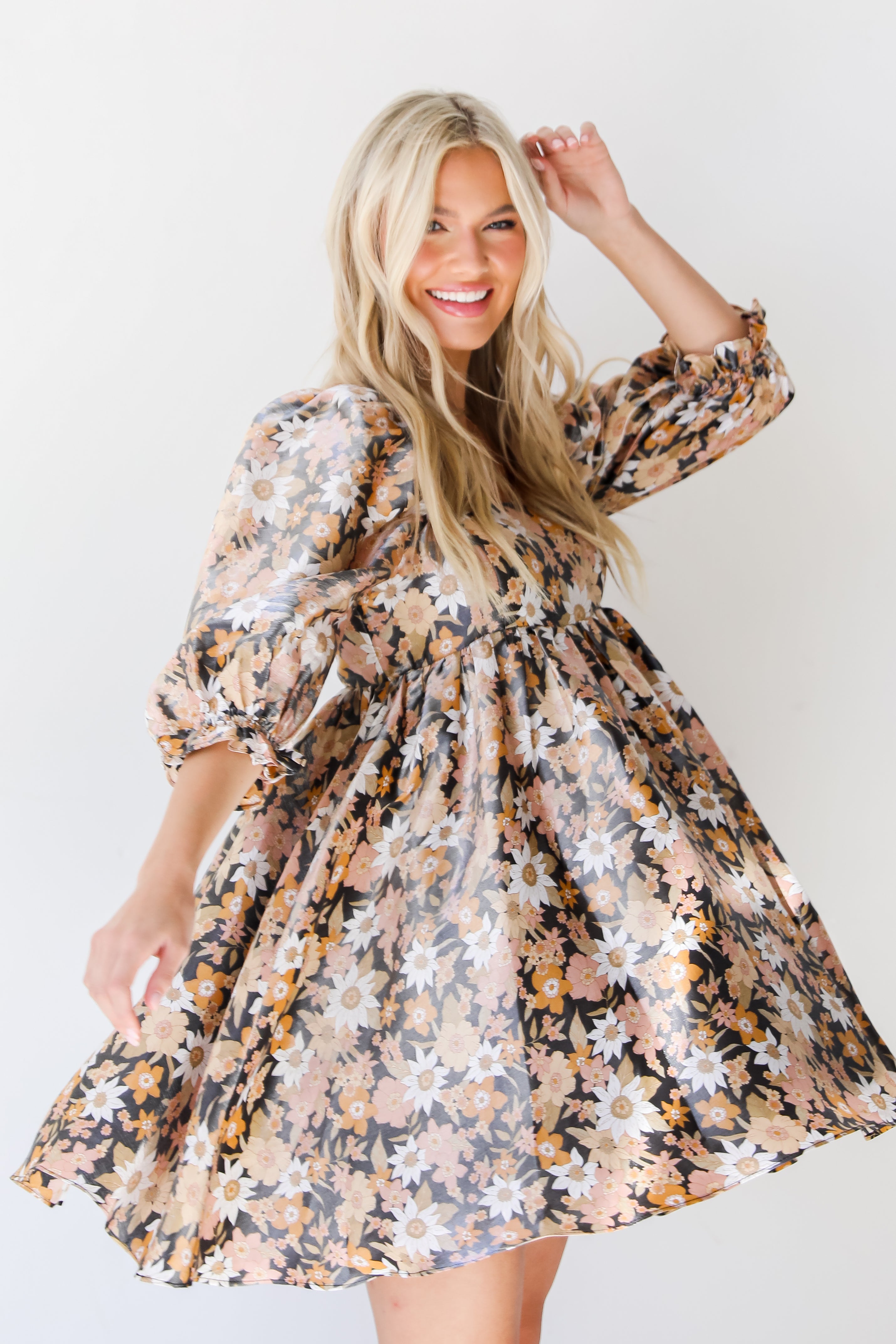 black Floral Babydoll Mini Dress side view