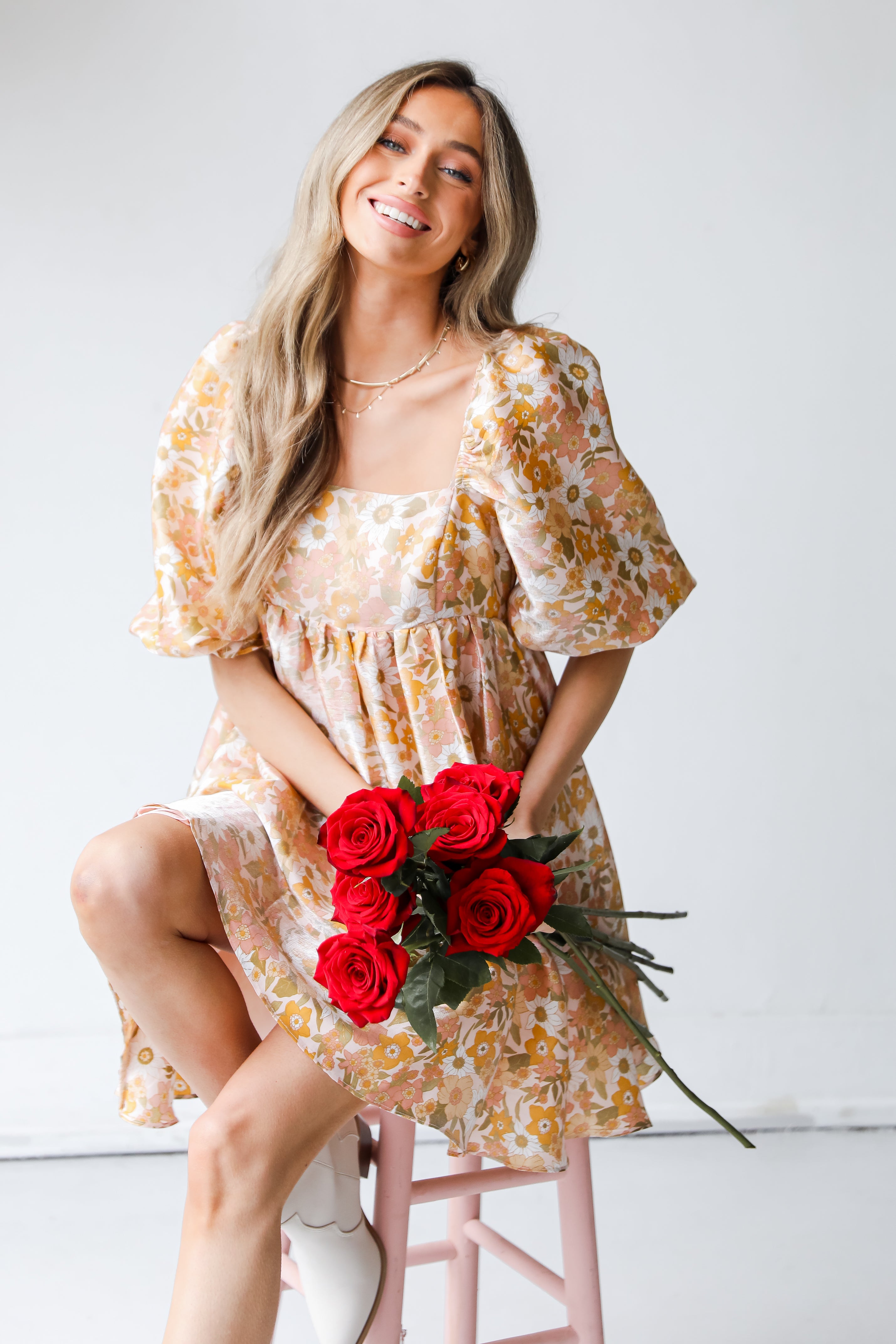 blush Floral Babydoll Mini Dress front view