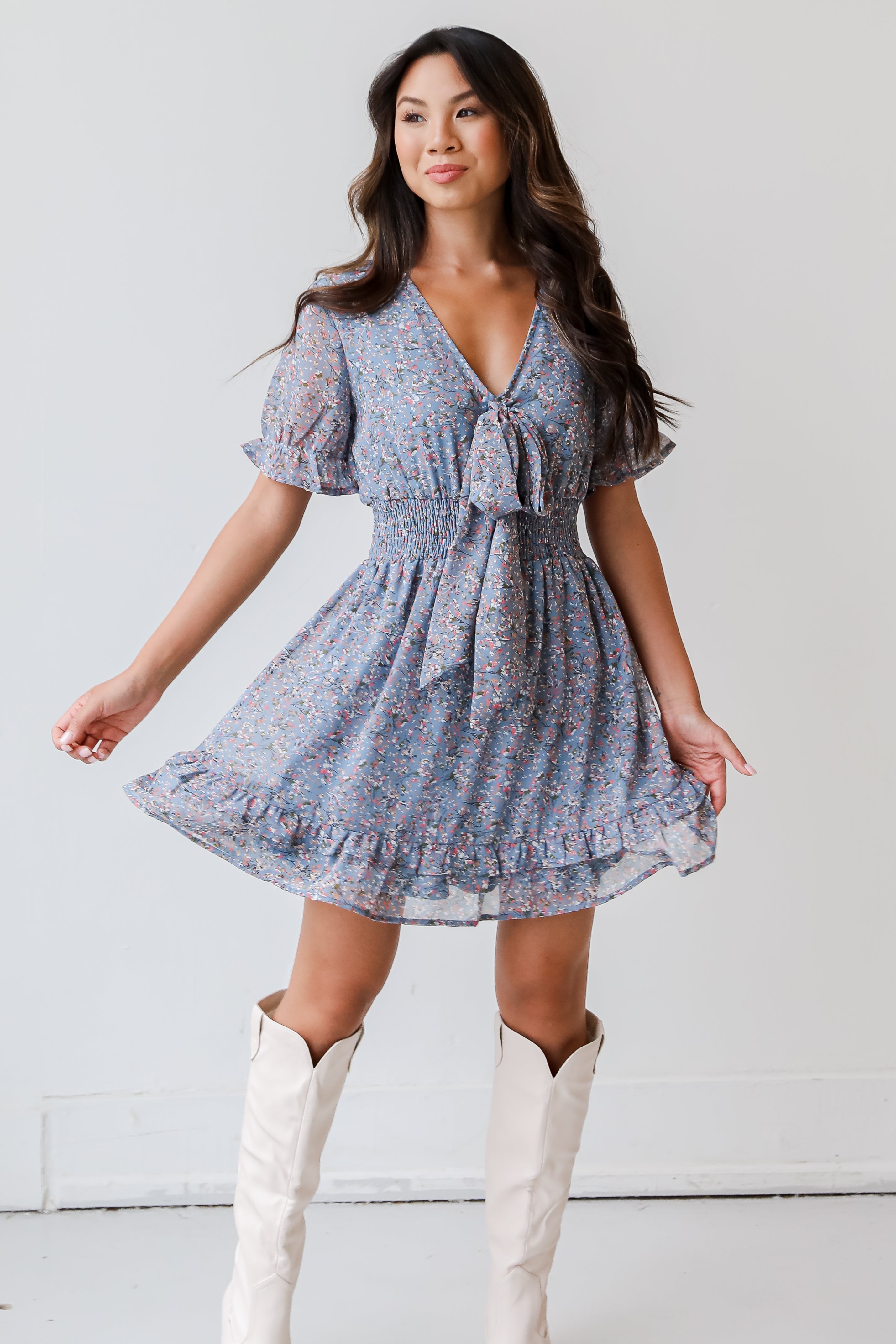 Tie-Front Floral Mini Dress on dress up model