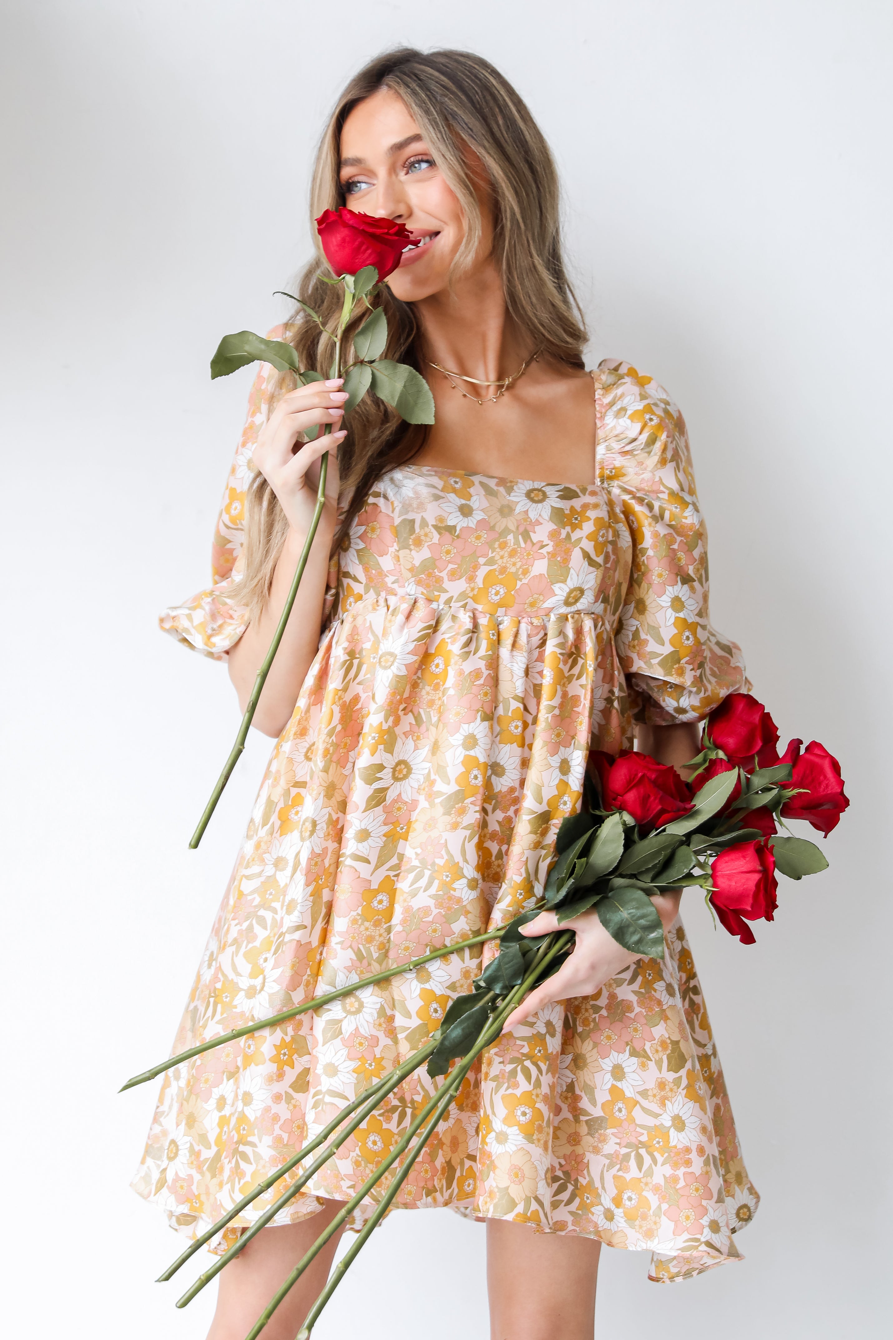 blush Floral Babydoll Mini Dress